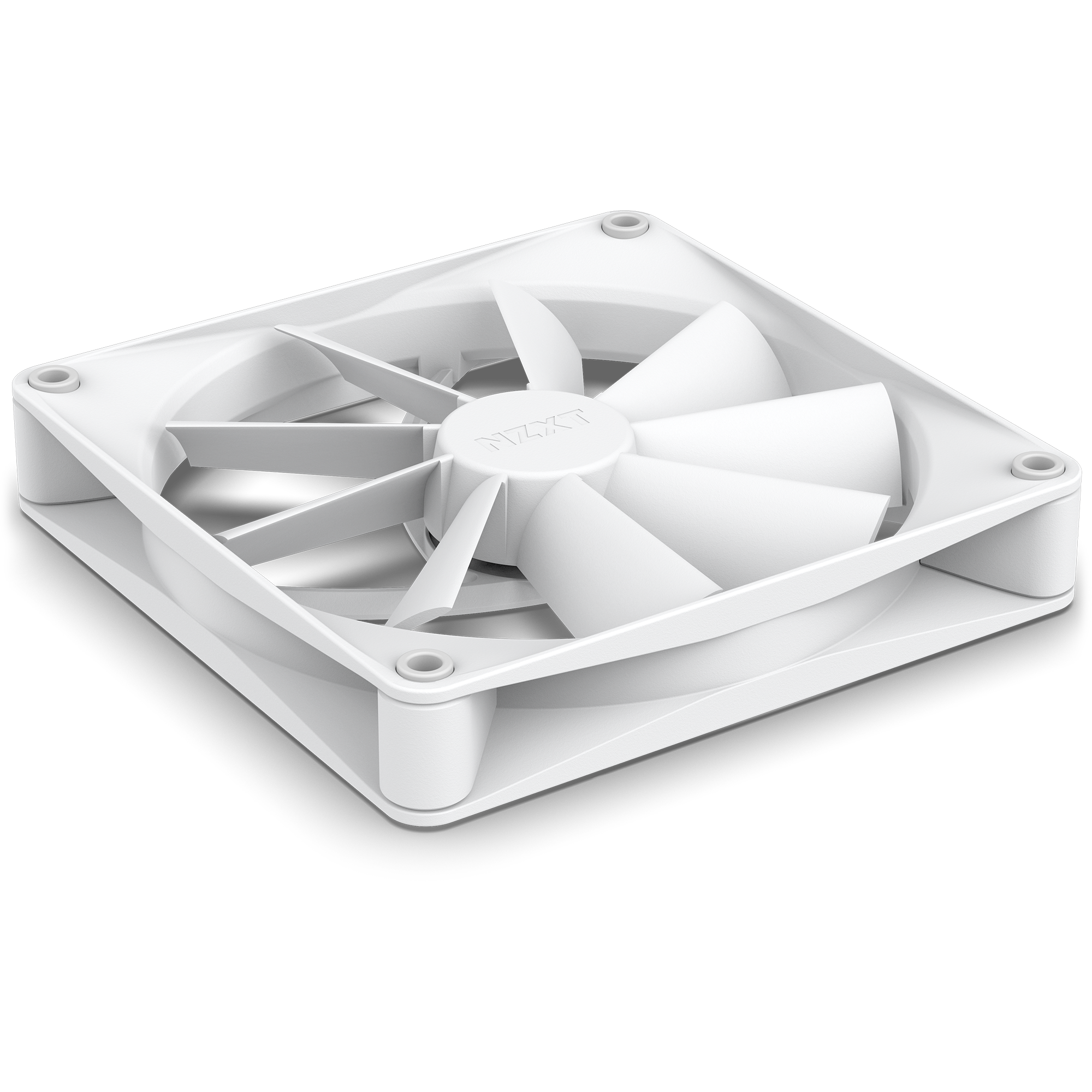 The NZXT F140Q (2022) is a white, square cooling fan with multiple blades and corner mounting holes, shown at an angle that emphasizes its minimalist style and airflow-focused design.