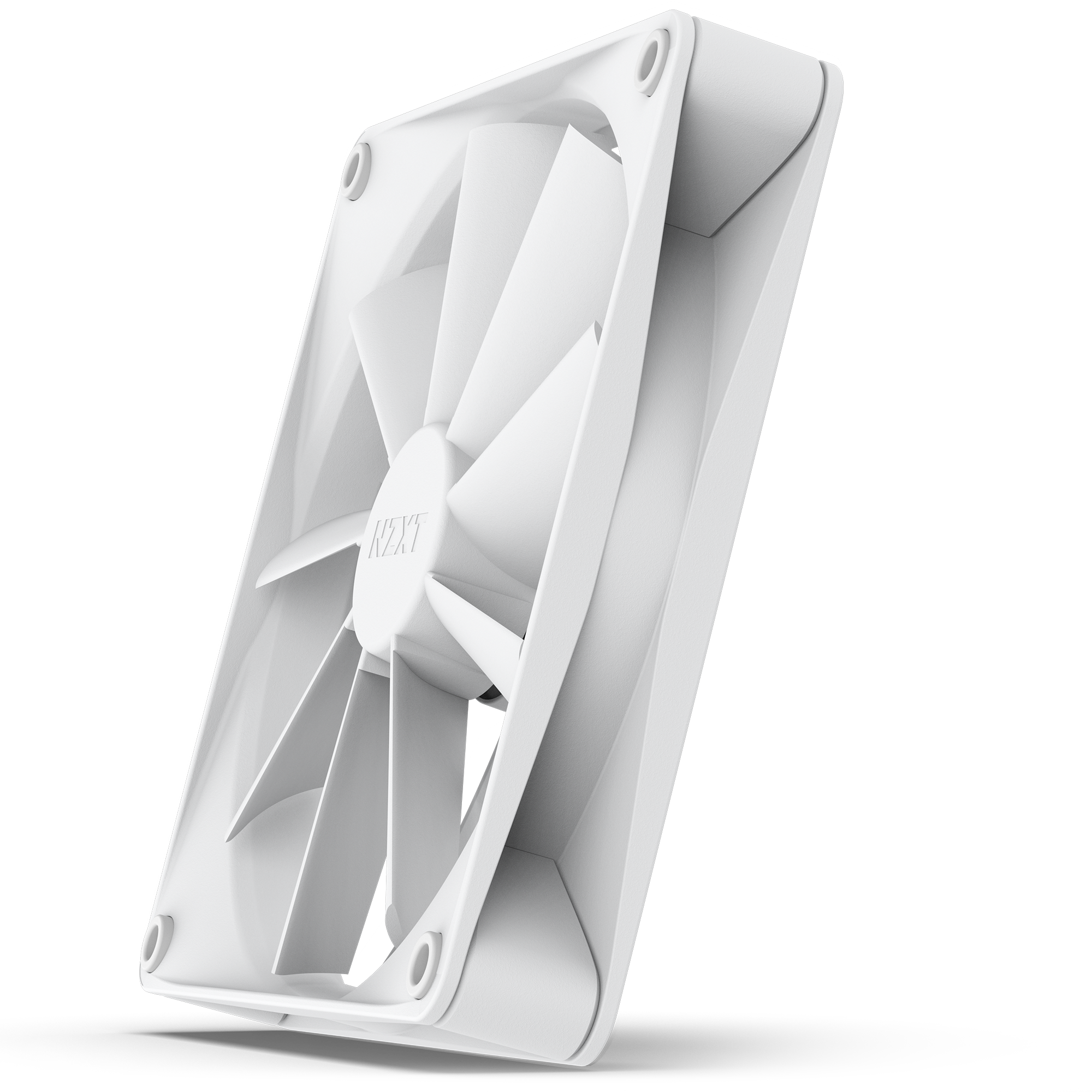 The NZXT F140Q (2022) is a white square-frame computer cooling fan with nine blades, corner mounting holes, and the NZXT logo on the hub, shown from an angled side view with an airflow-focused design.