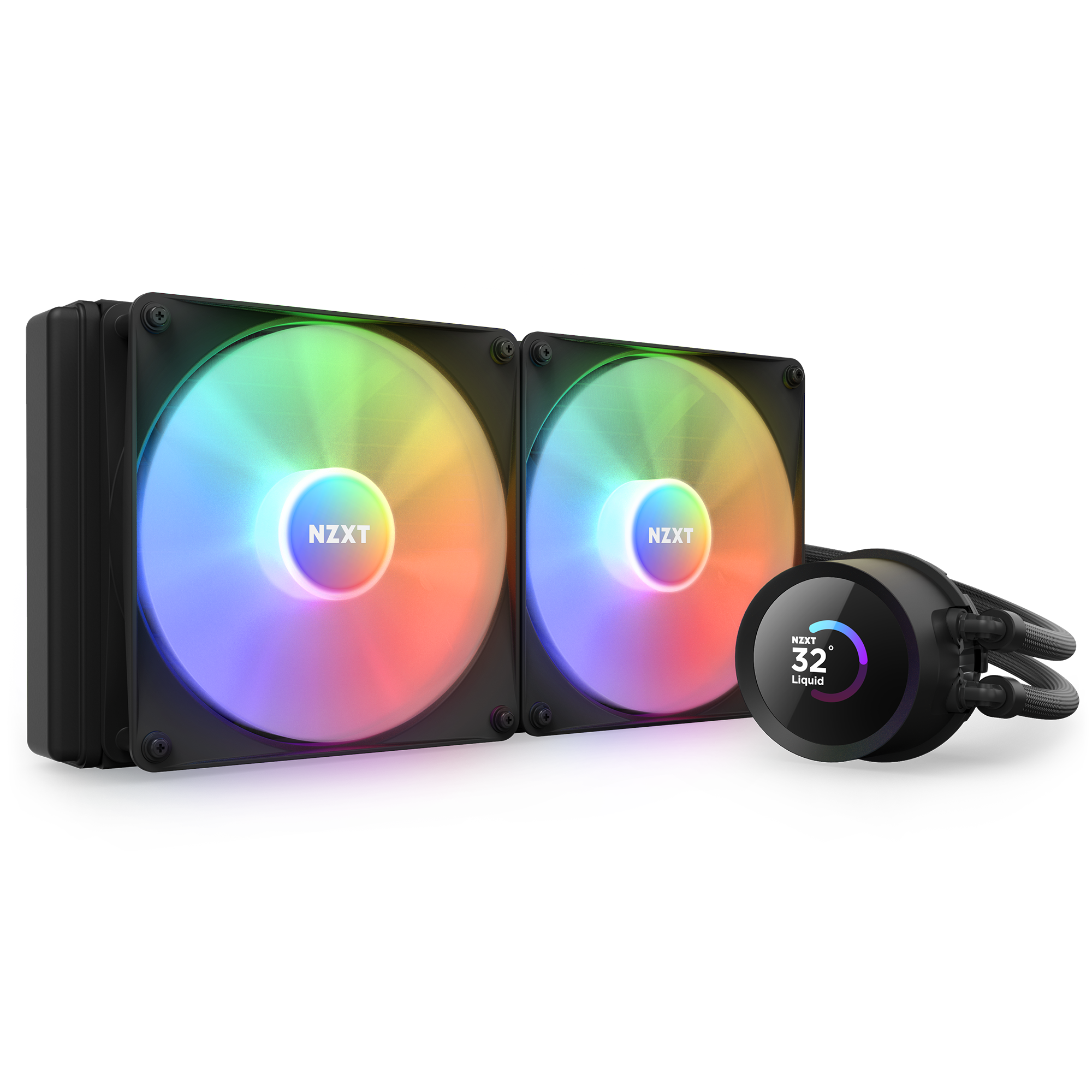 The NZXT Kraken 280 RGB is a liquid cooling system featuring two large RGB fans and a circular pump unit with an LCD screen showing 32°C. Vivid multicolor lighting and NZXT branding emphasize its excellent cooling performance.