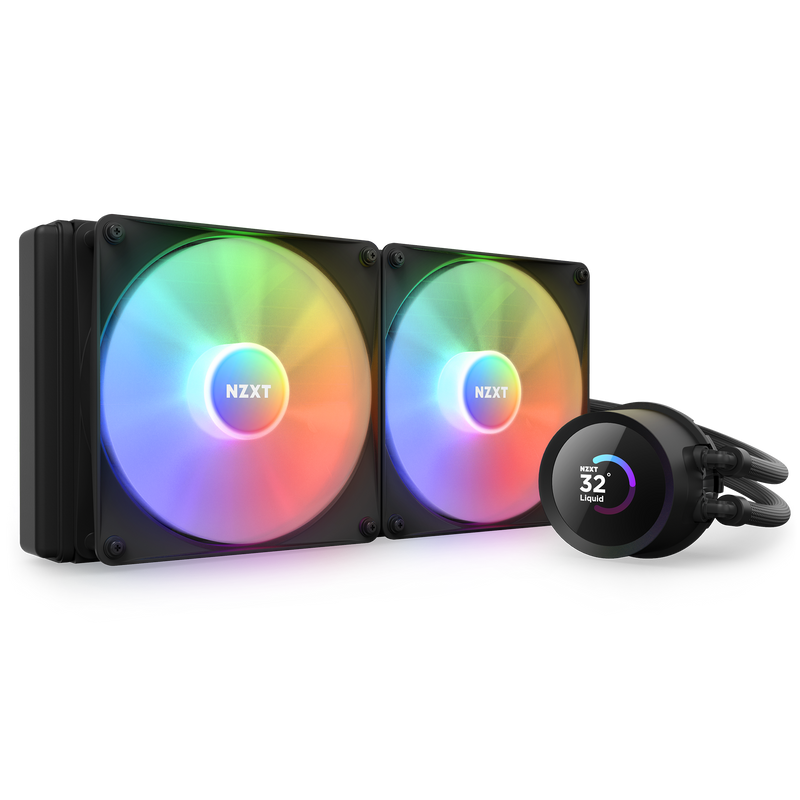 The NZXT Kraken 280 RGB is a liquid cooling system featuring two large RGB fans and a circular pump unit with an LCD screen showing 32°C. Vivid multicolor lighting and NZXT branding emphasize its excellent cooling performance.