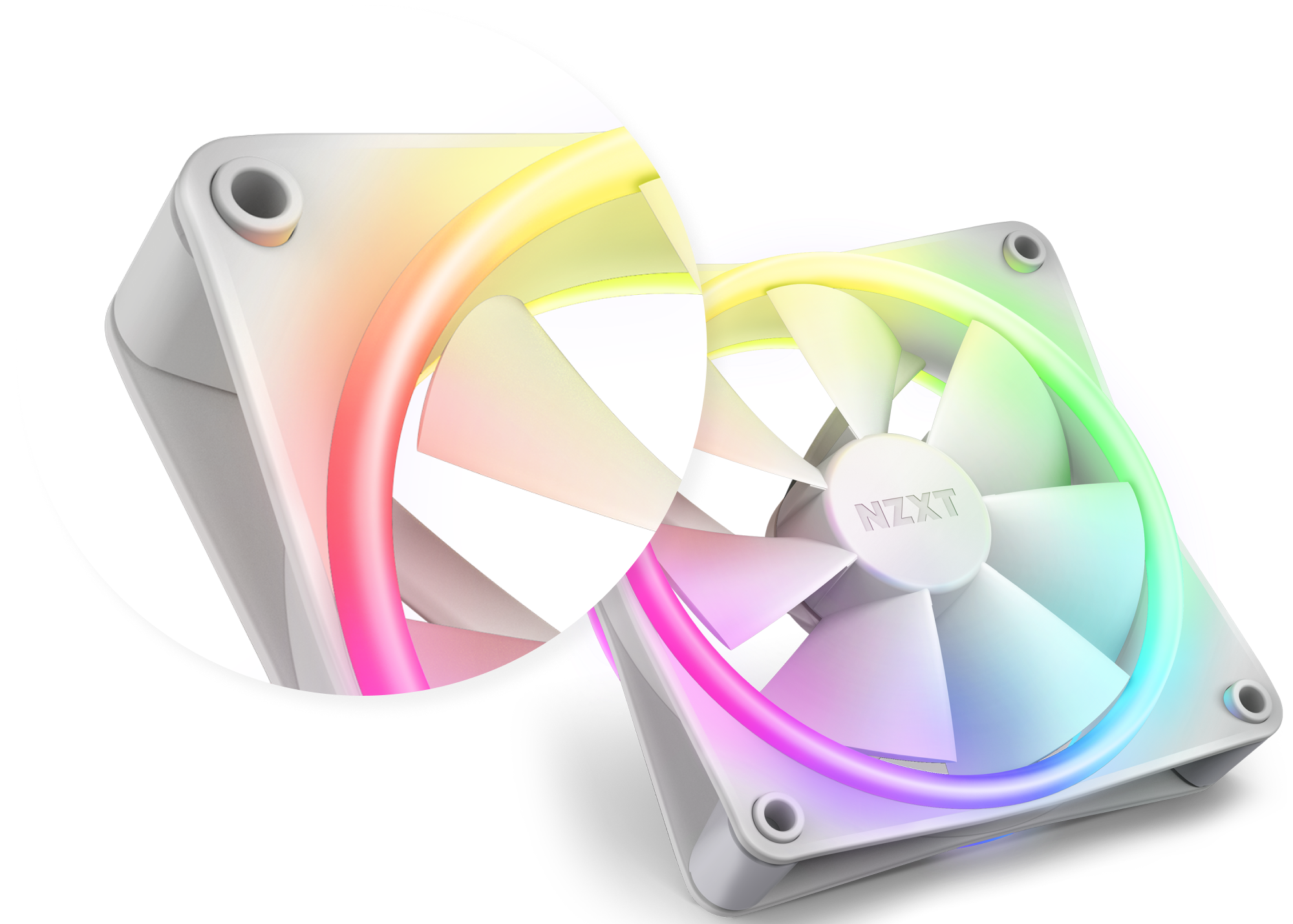 A white NZXT computer cooling fan with RGB LED lighting illuminating the frame and blades in vibrant colors, shown with a close-up inset of the corner highlighting the light effect and mounting hole.