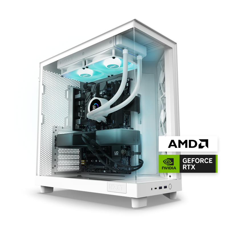 The NZXT Refurbished Player Two Base #8365 is a white gaming PC with a transparent side panel, liquid cooling, AMD and NVIDIA GeForce RTX badges. Part of our Certified Refurbished Gaming PCs, each unit includes a 2-year warranty for peace of mind.