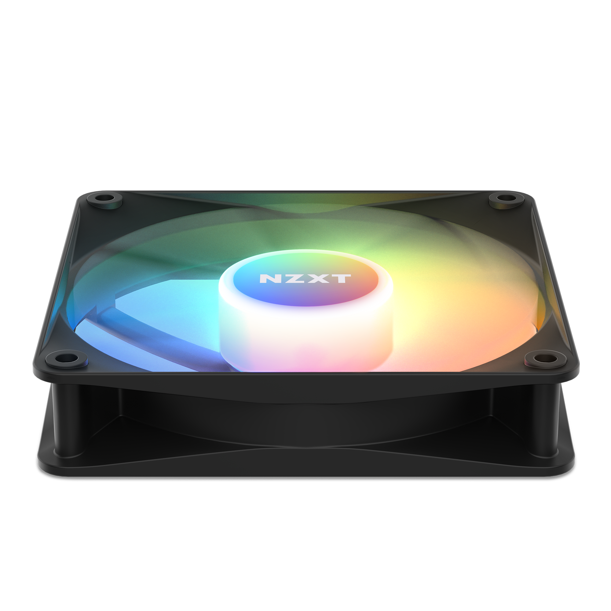 The NZXT F120 RGB Core Fan in black, optimized for static pressure, displays blue, green, and yellow lighting and is pictured from a slight side angle against a black background.