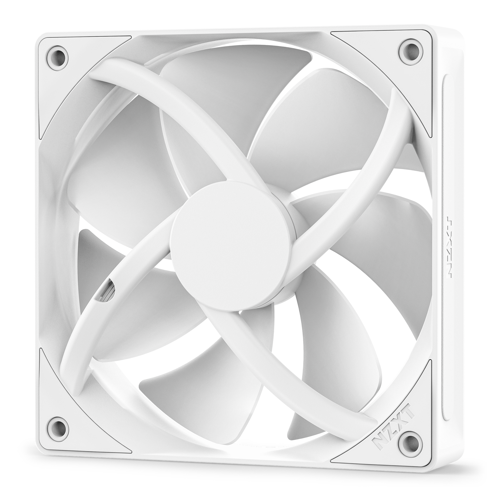 The NZXT F120P is a white, square cooling fan with optimized five-blade design, housed in a rounded-corner frame. The NZXT logo appears on the lower right corner, and the fan is viewed at an angle.