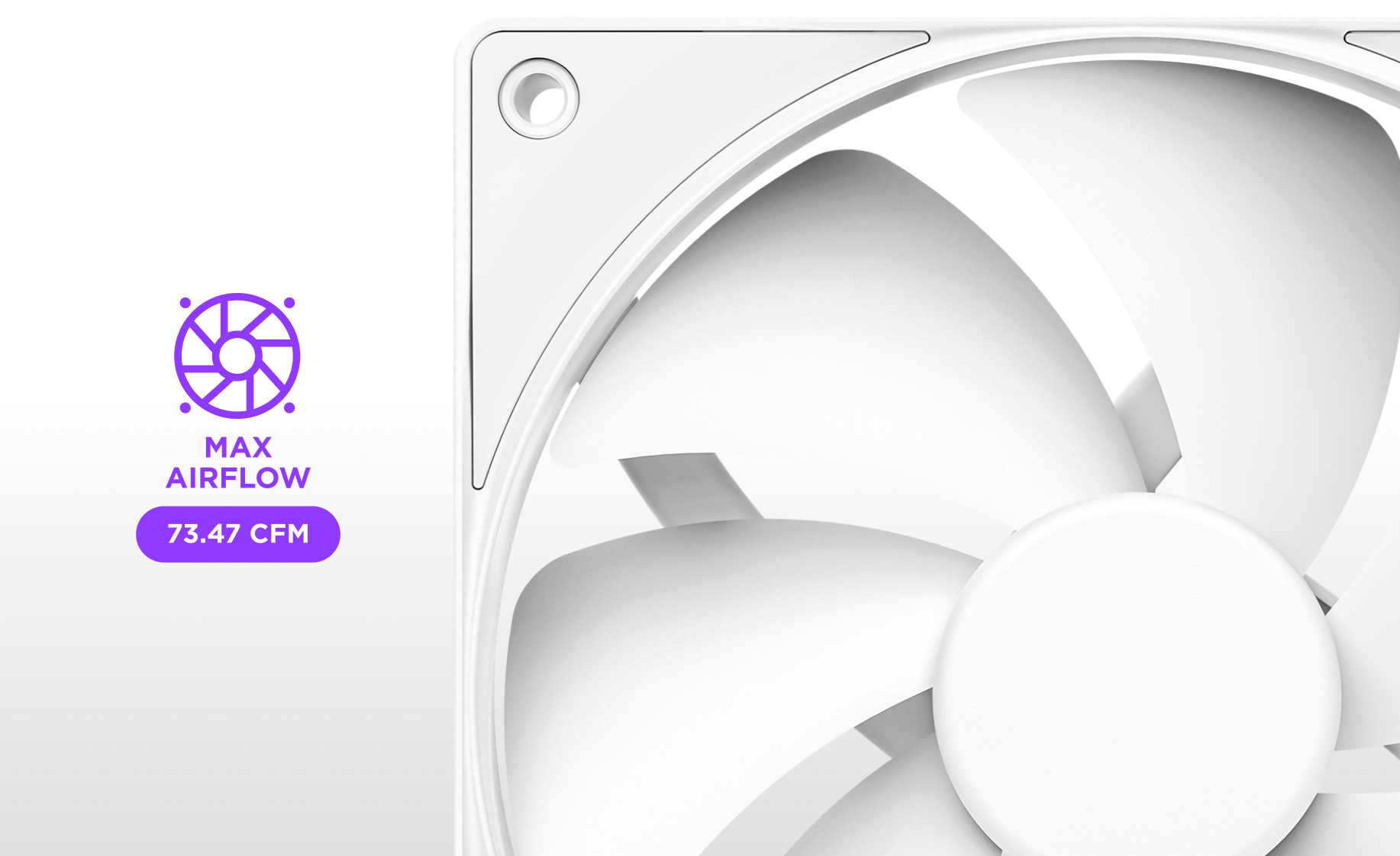 Close-up of a white computer cooling fan next to a purple icon showing Max Airflow and 73.47 CFM on a light gray and black background.