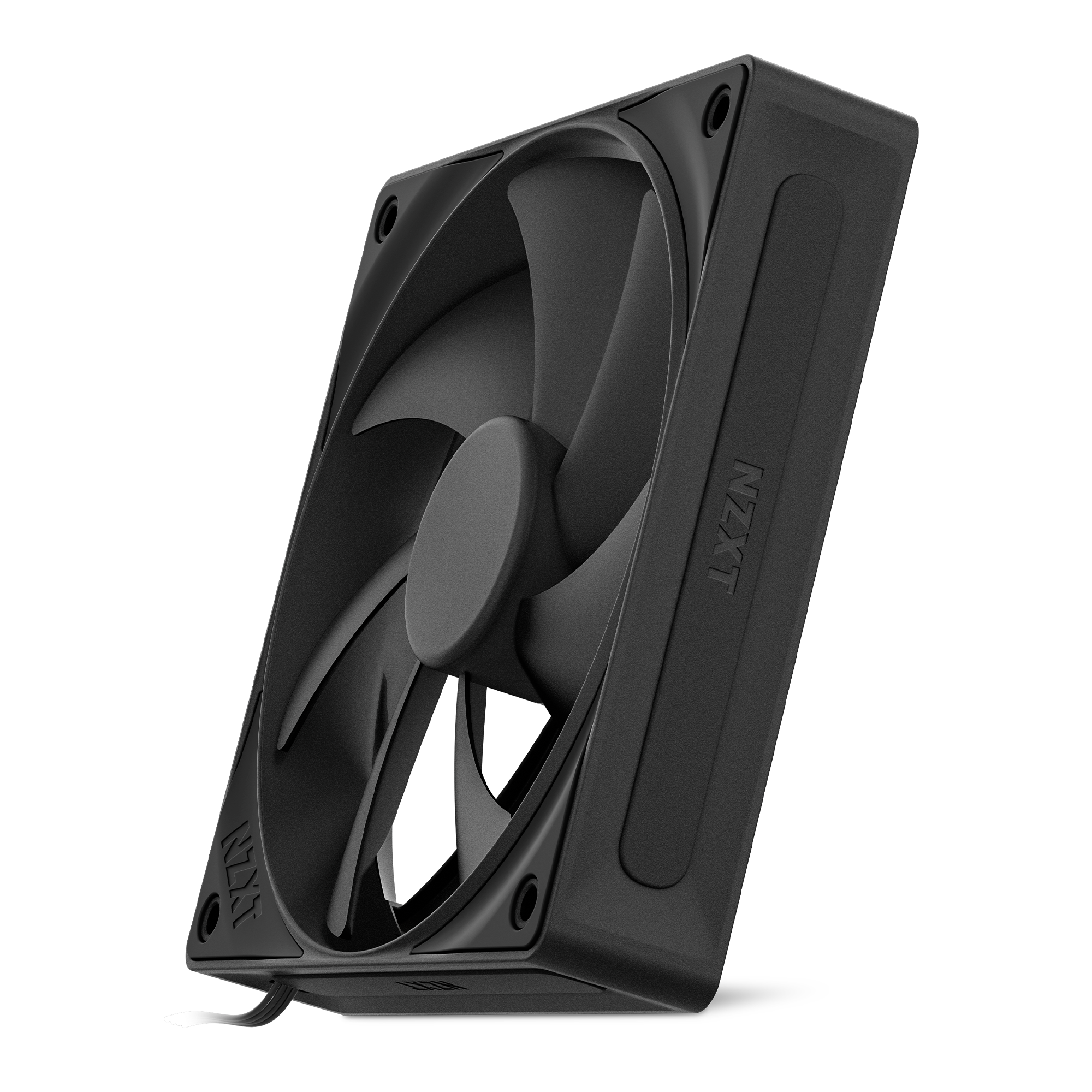 The NZXT F120P black computer cooling fan with optimized blades, a rectangular frame, fluid dynamic bearings, and an attached power cable on the bottom left is shown standing upright at an angle.