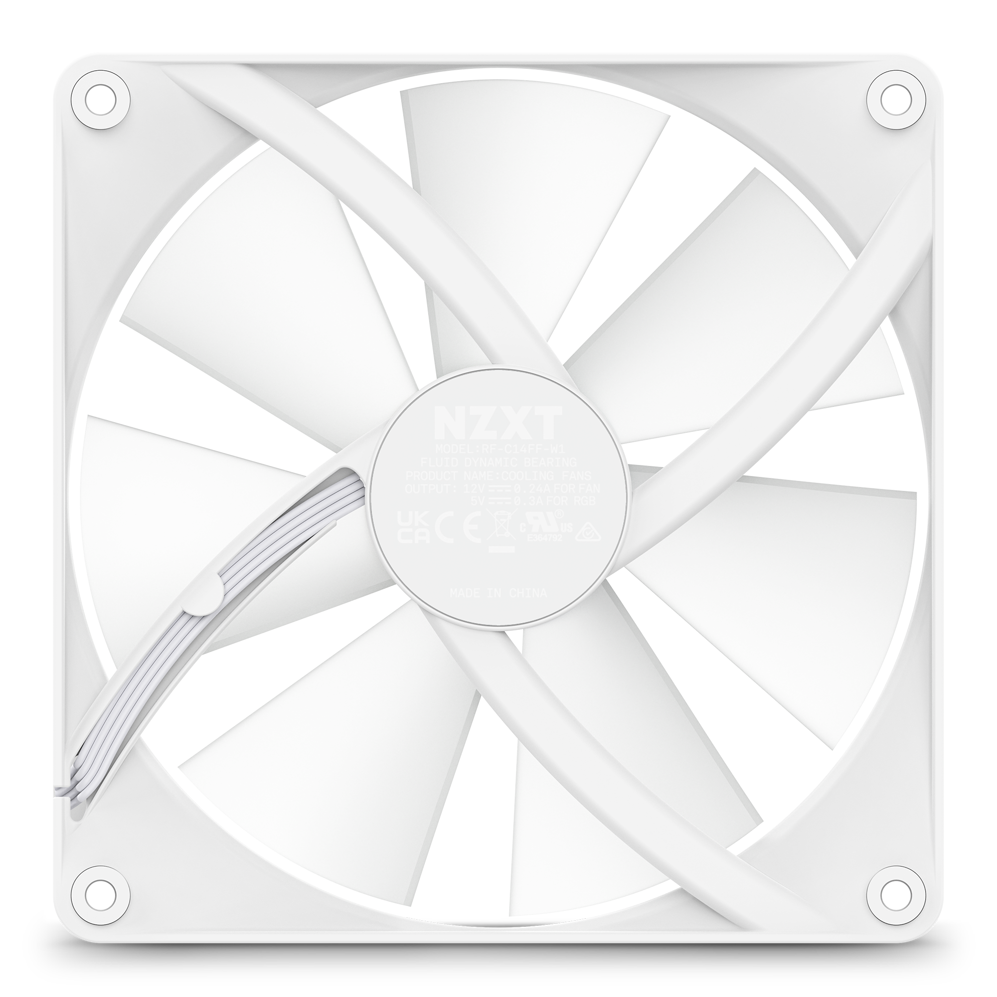 The NZXT F140 RGB Core is a white square computer cooling fan with black and white blades, viewed from the front. It offers strong static pressure, visible wiring, and mounting holes at each corner for easy installation.
