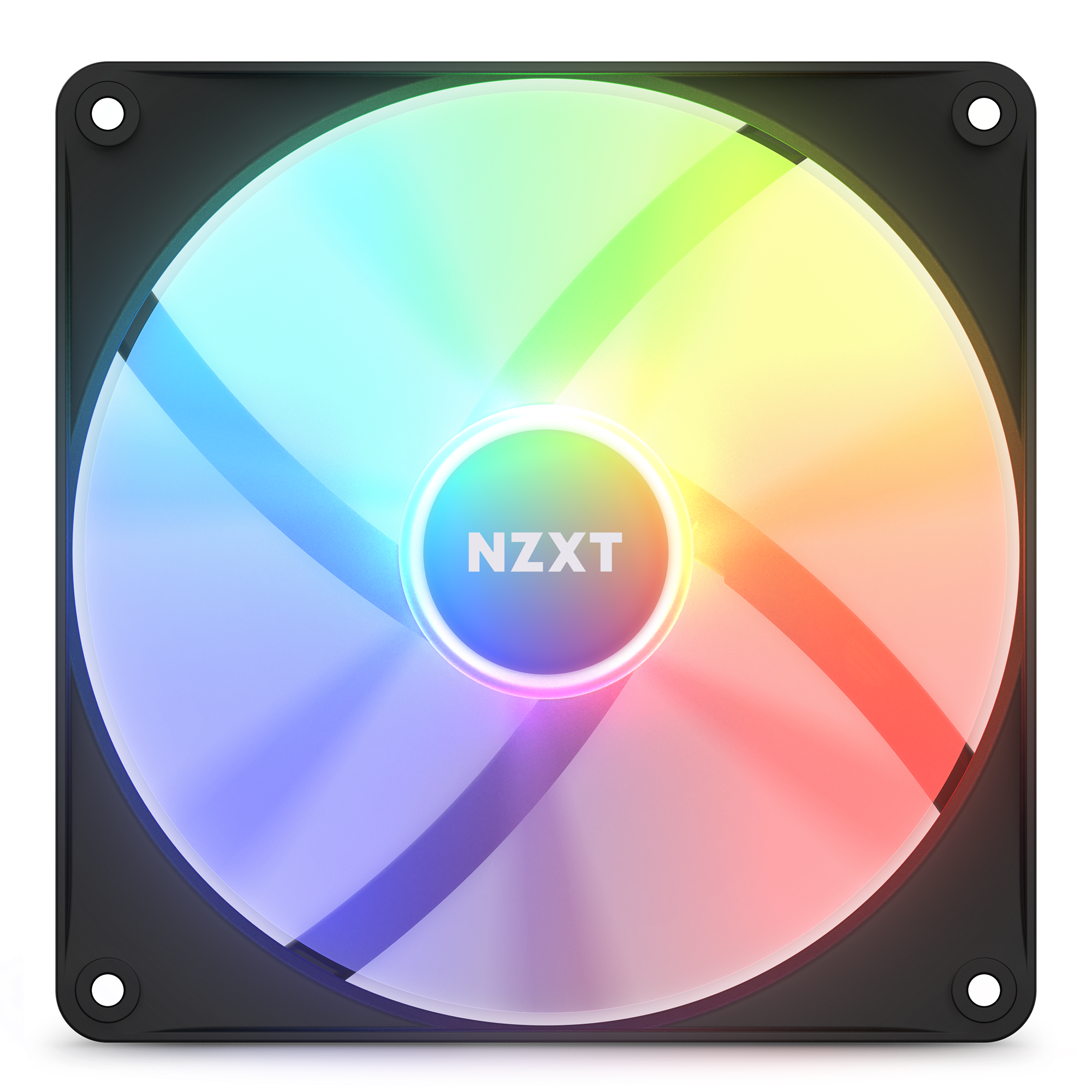 The NZXT F140 RGB Core is a square computer cooling fan with a black frame and four corner screws, featuring vivid gradient RGB lighting and a white NZXT logo at the center. It supports easy lighting control via NZXT CAM software.
