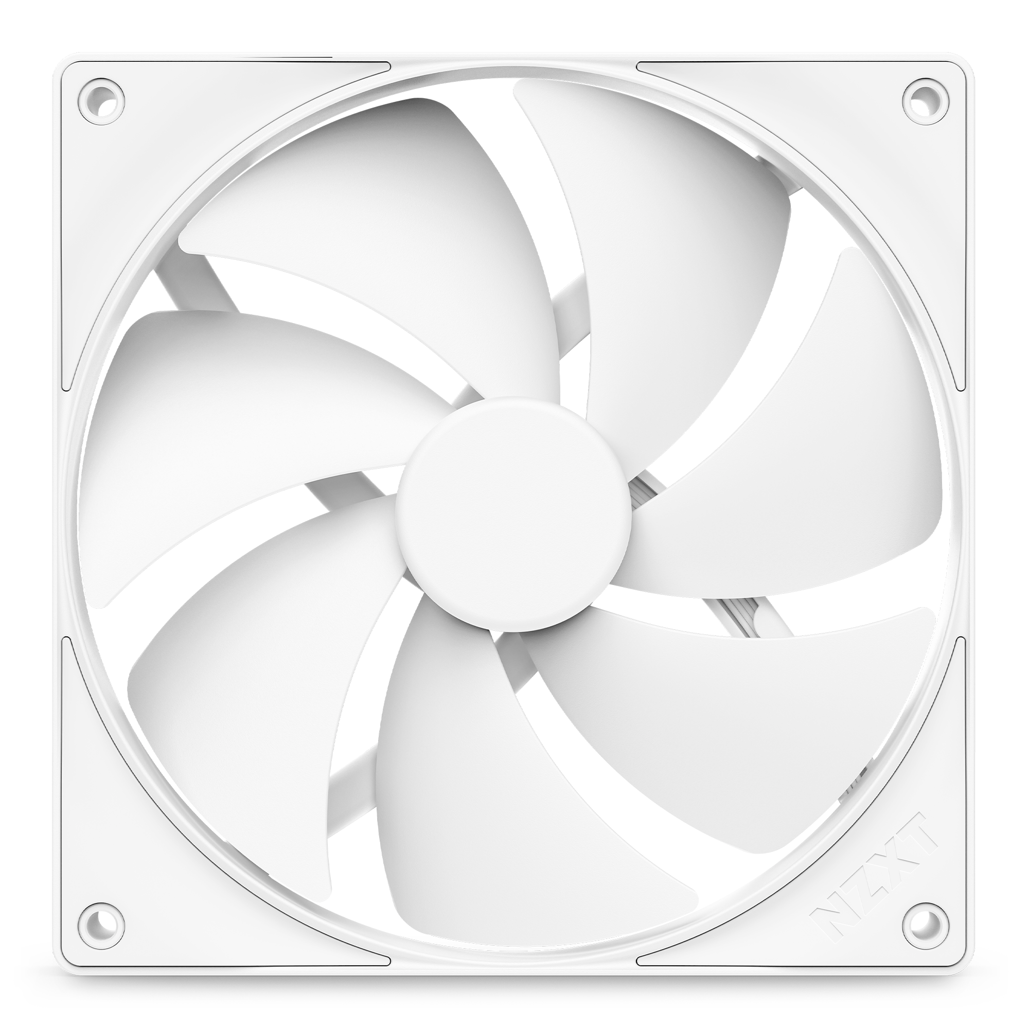 The NZXT F140P is a white square static pressure fan with seven curved blades for high-performance cooling. Its minimalist front design has the NZXT logo embossed on one corner of the frame.