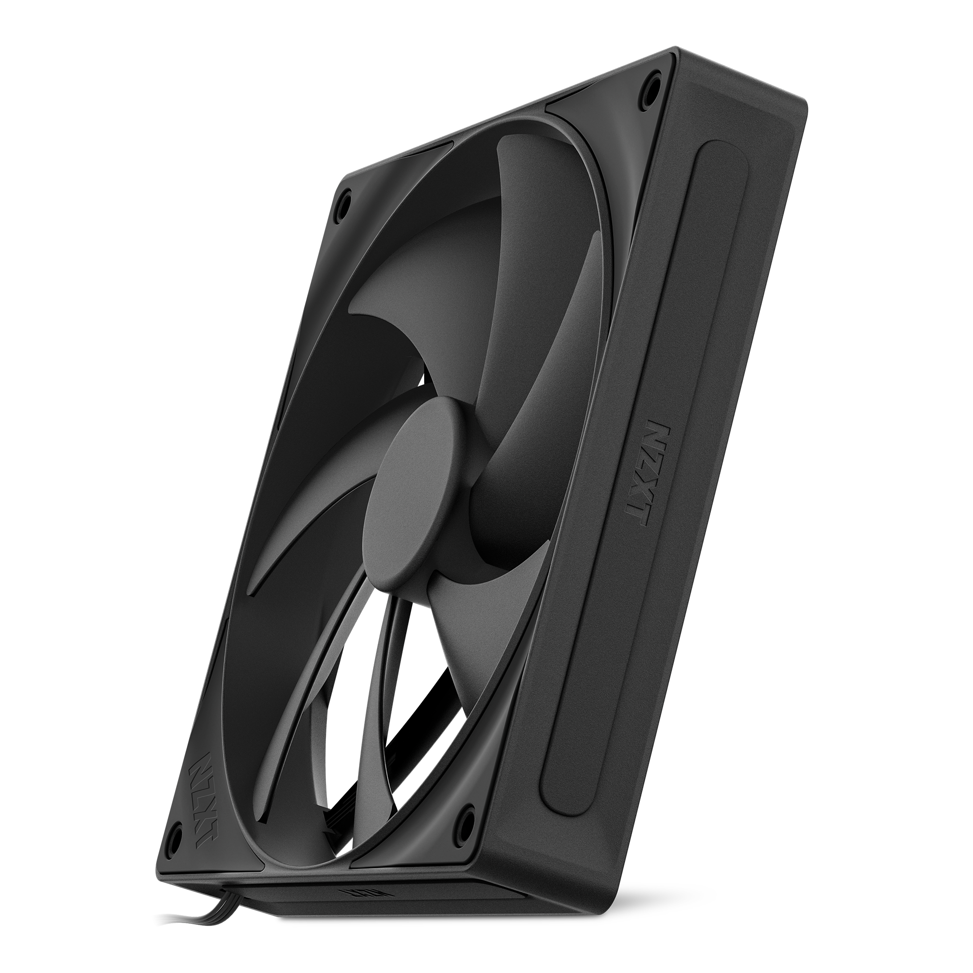 The NZXT F140P is a black computer case fan with four blades, featuring fluid dynamic bearings in a rectangular frame with rounded edges, designed for high-performance cooling. A power cable extends from one corner.