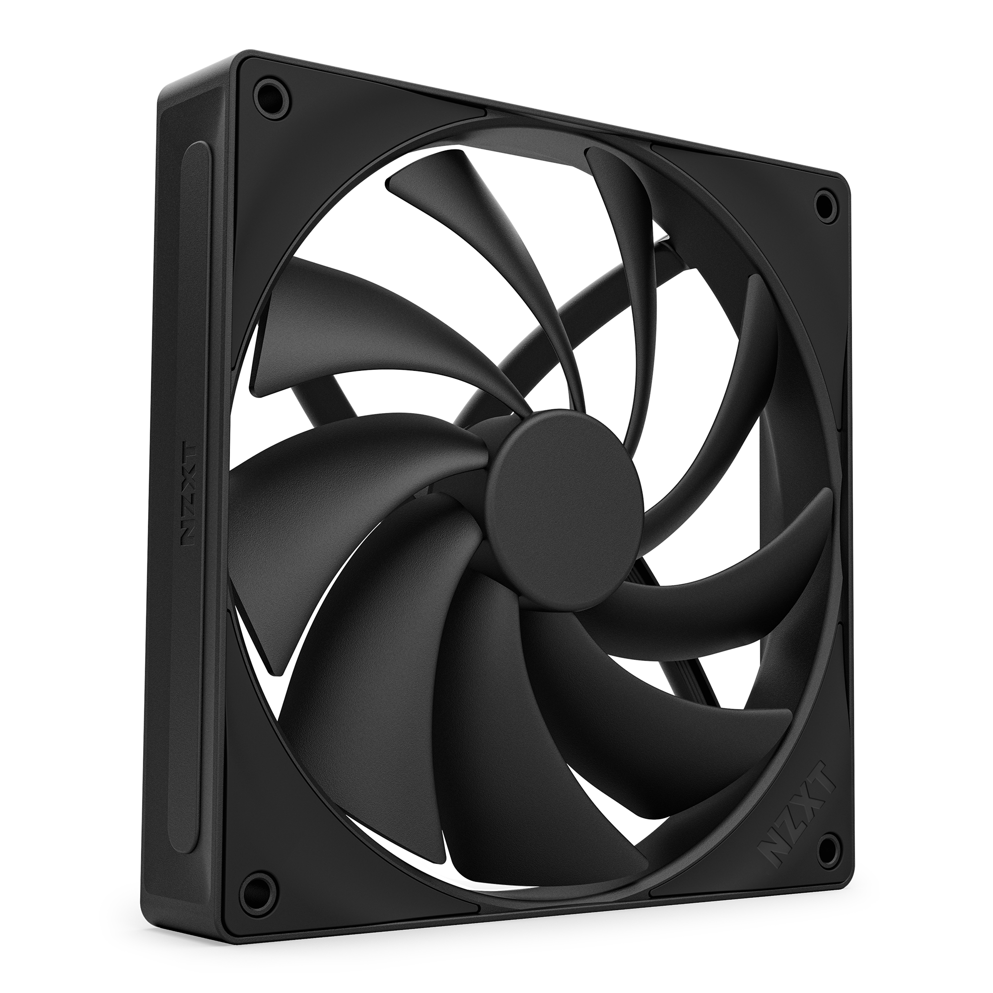 The NZXT F140Q is a black computer cooling fan with curved blades, seen at an angle, featuring the NZXT logo on the frame and fluid dynamic bearings for improved performance.