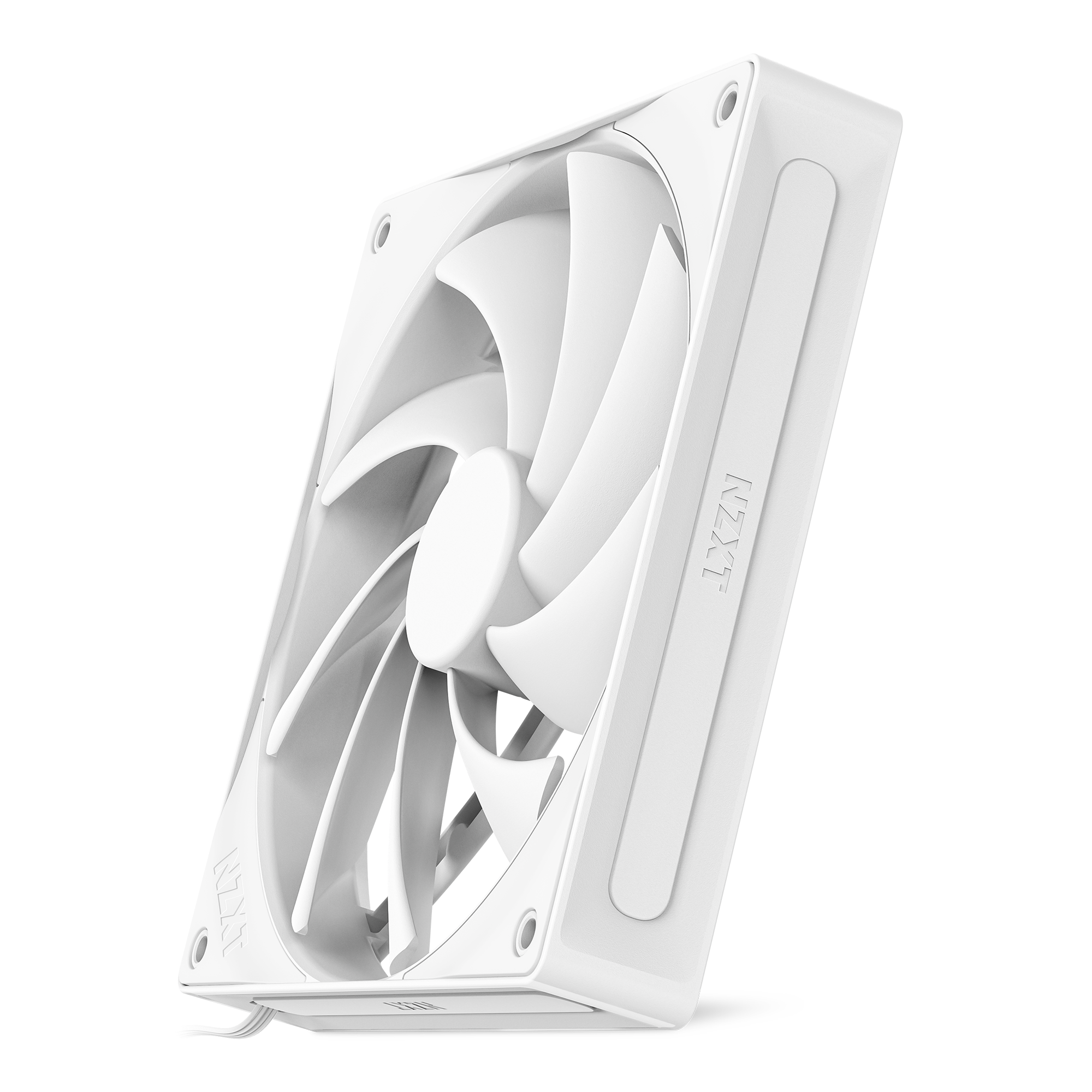 The NZXT F140Q is a white computer cooling fan with a rectangular frame and curved blades, shown slightly tilted with a visible power cable. It features Fluid Dynamic Bearings for quiet, reliable airflow against a black background.