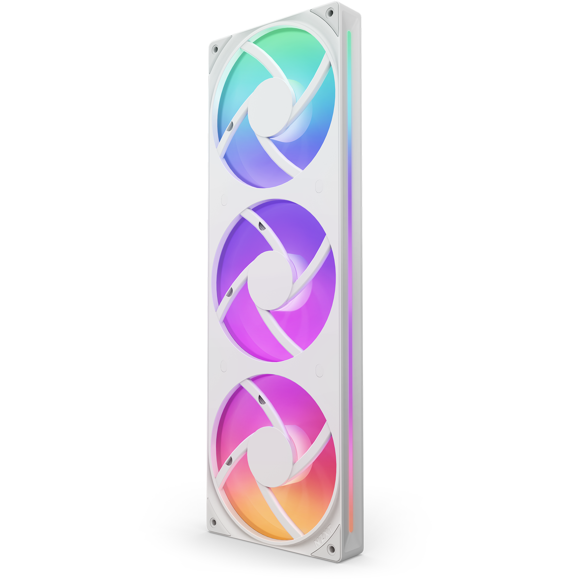 The NZXT F360 RGB Core is a white rectangular computer cooling fan unit with vertically stacked integrated fans, each glowing in vibrant blue, green, purple, and orange for stunning RGB effects.