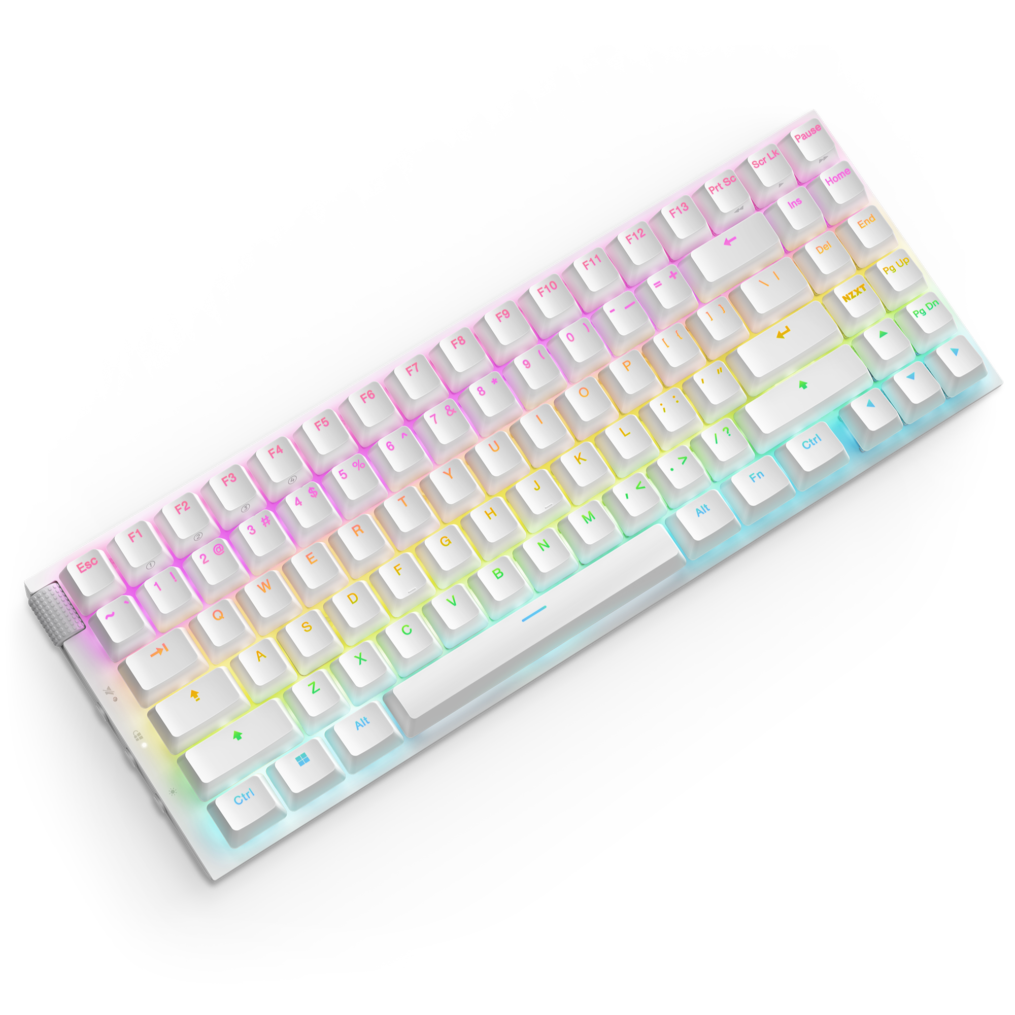 The NZXT Function 2 MiniTKL is a compact white mechanical keyboard with RGB backlighting in pastel shades like pink, yellow, blue, and green. It has linear optical switches, a minimalist design, and no numeric keypad.