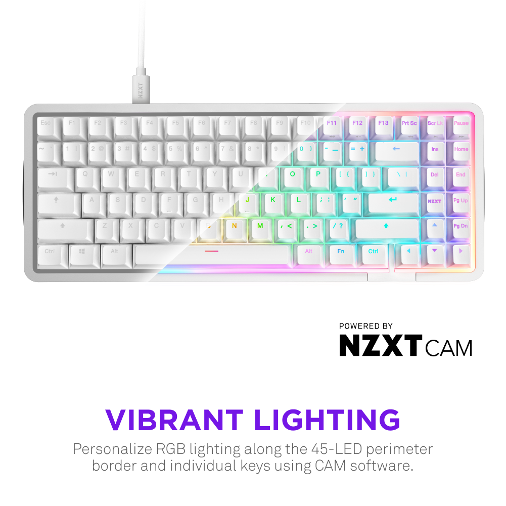 The NZXT Function Elite MiniTKL Keyboard features customizable RGB lighting on keys and its 45-LED border, shown in multiple colors. Its magnetic switches allow adjustable actuation. Personalize effects using NZXT CAM software.