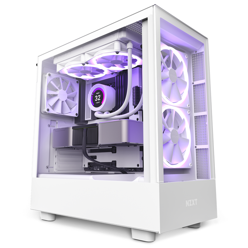 The NZXT H5 Elite is a white computer case featuring a tempered glass front panel and side, showcasing internal cooling fans with RGB lighting that emits a soft purple glow, revealing organized hardware and neat cable management.