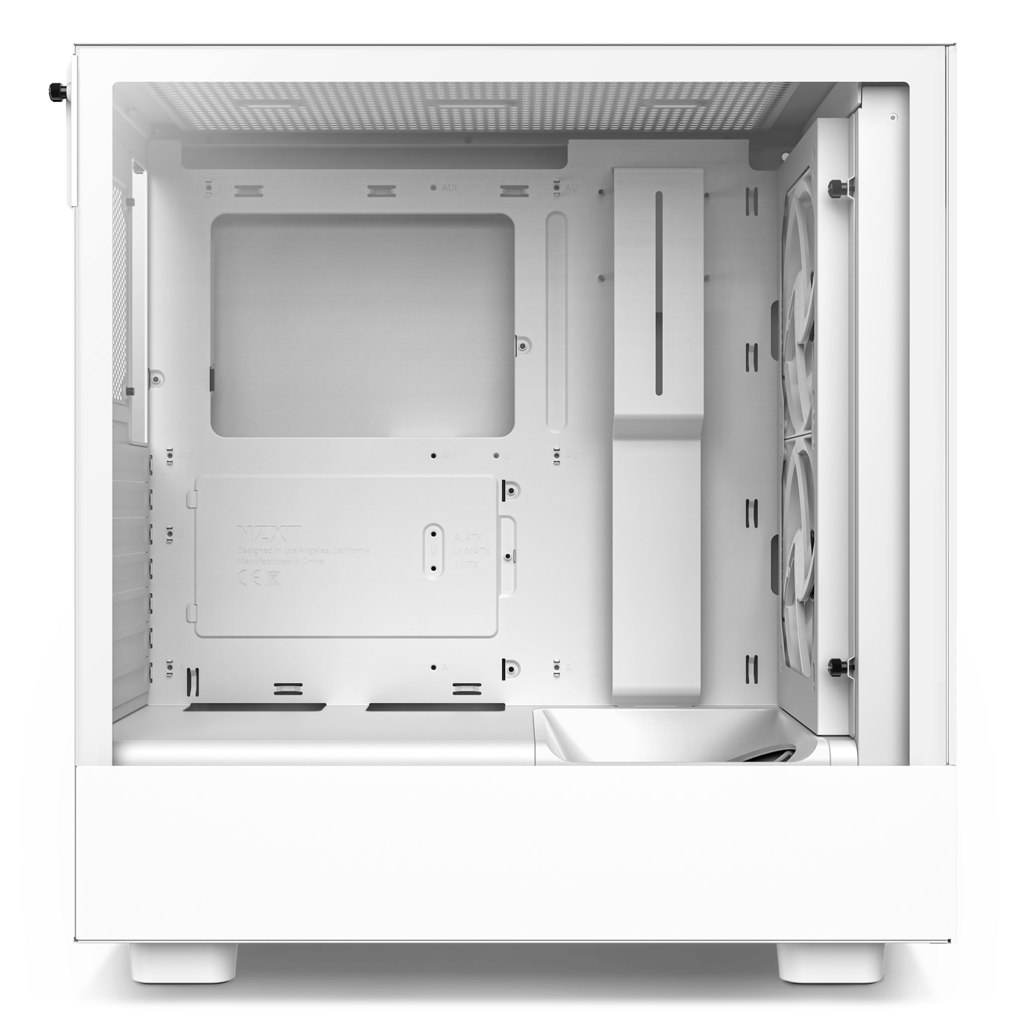 The NZXT H5 Elite is a white PC case featuring a tempered glass front panel, transparent side panel, fan mounts, advanced cable management, and open space for motherboard and hardware installation.