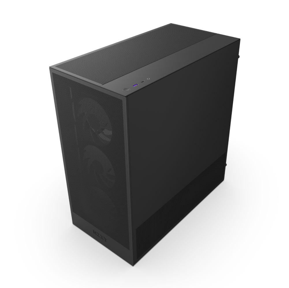 The NZXT H5 Flow RGB is a black computer tower case featuring a mesh front panel for optimal airflow, visible cooling fans, and top-mounted power and USB ports.