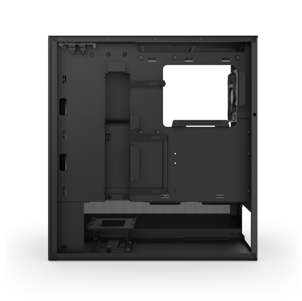 The NZXT H5 Flow RGB is a black, empty computer case seen from the side, showing its open interior with airflow channels, mounting brackets, cable management features, a rear fan, and cutouts for motherboard and power supply installation.