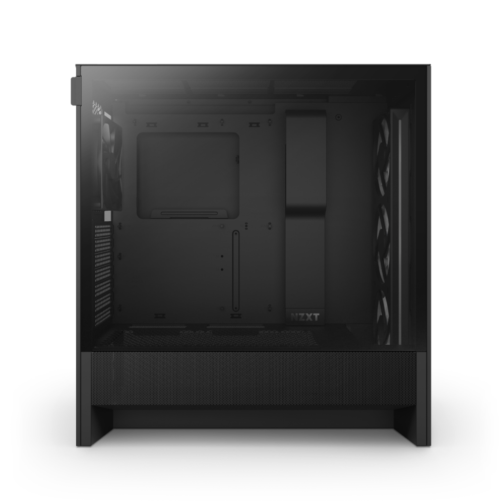 Side view of NZXT H5 Flow RGB computer case with transparent glass panel, highlighting internal mounting slots, cable management, RGB lighting, and optimized front airflow with included cooling fans.