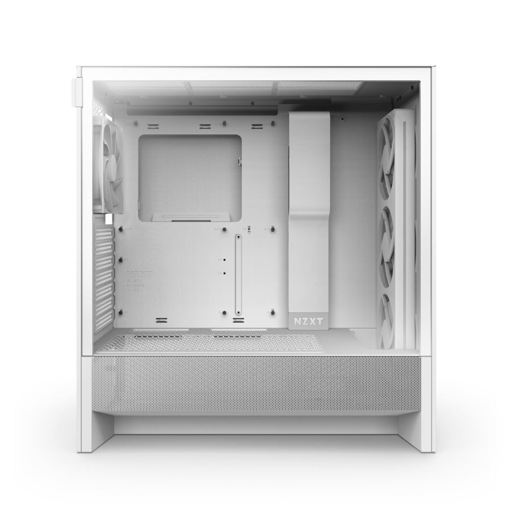 The NZXT H5 Flow RGB is displayed in white with its side panel off, showcasing an empty interior, multiple ventilation openings, and fans on the side and rear to optimize airflow.