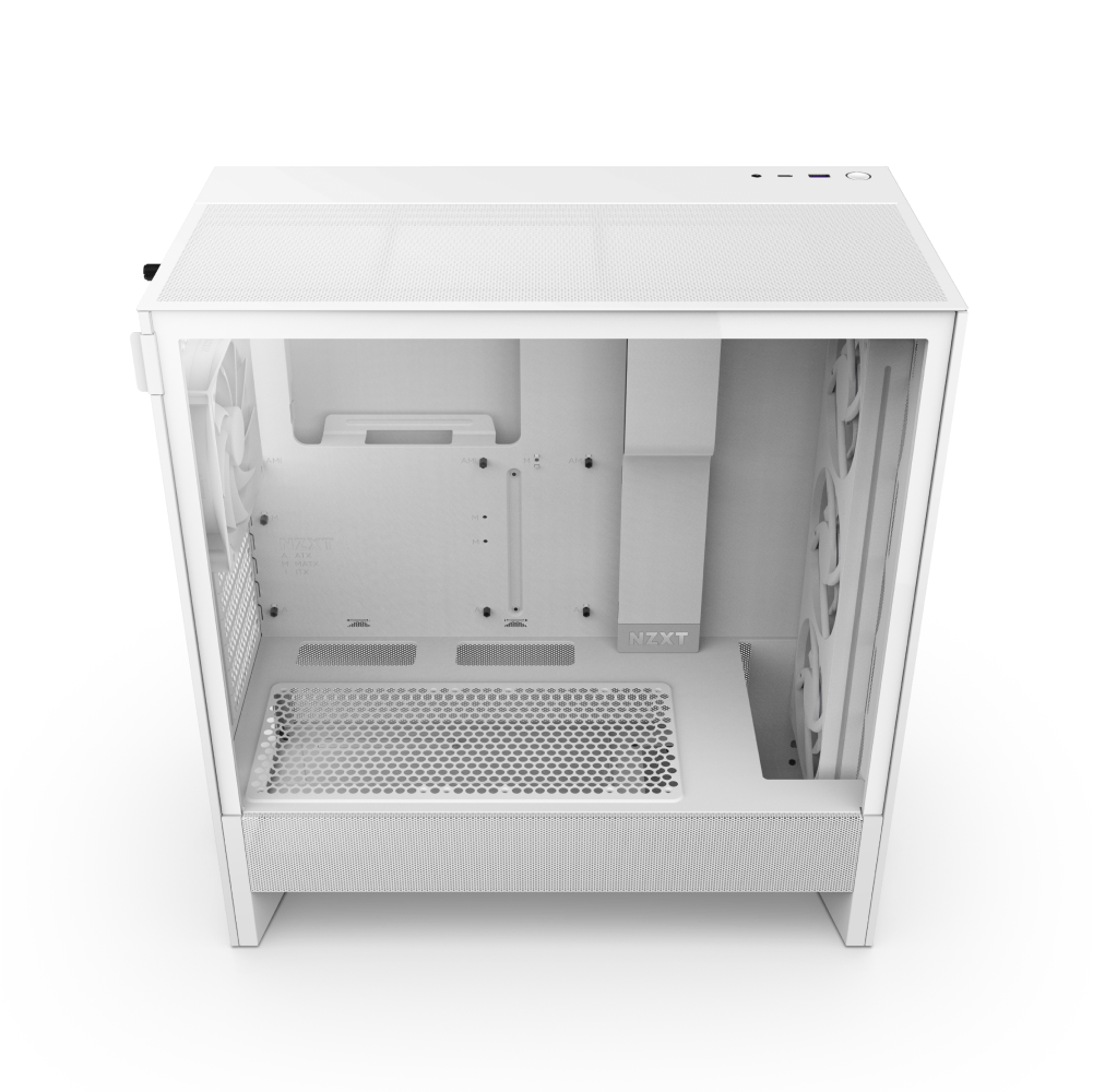 The NZXT H5 Flow RGB is a white, empty mid-tower PC case with a transparent side panel, visible fan mounts for airflow, cable management options, and ventilation grills, shown from above on a transparent background.