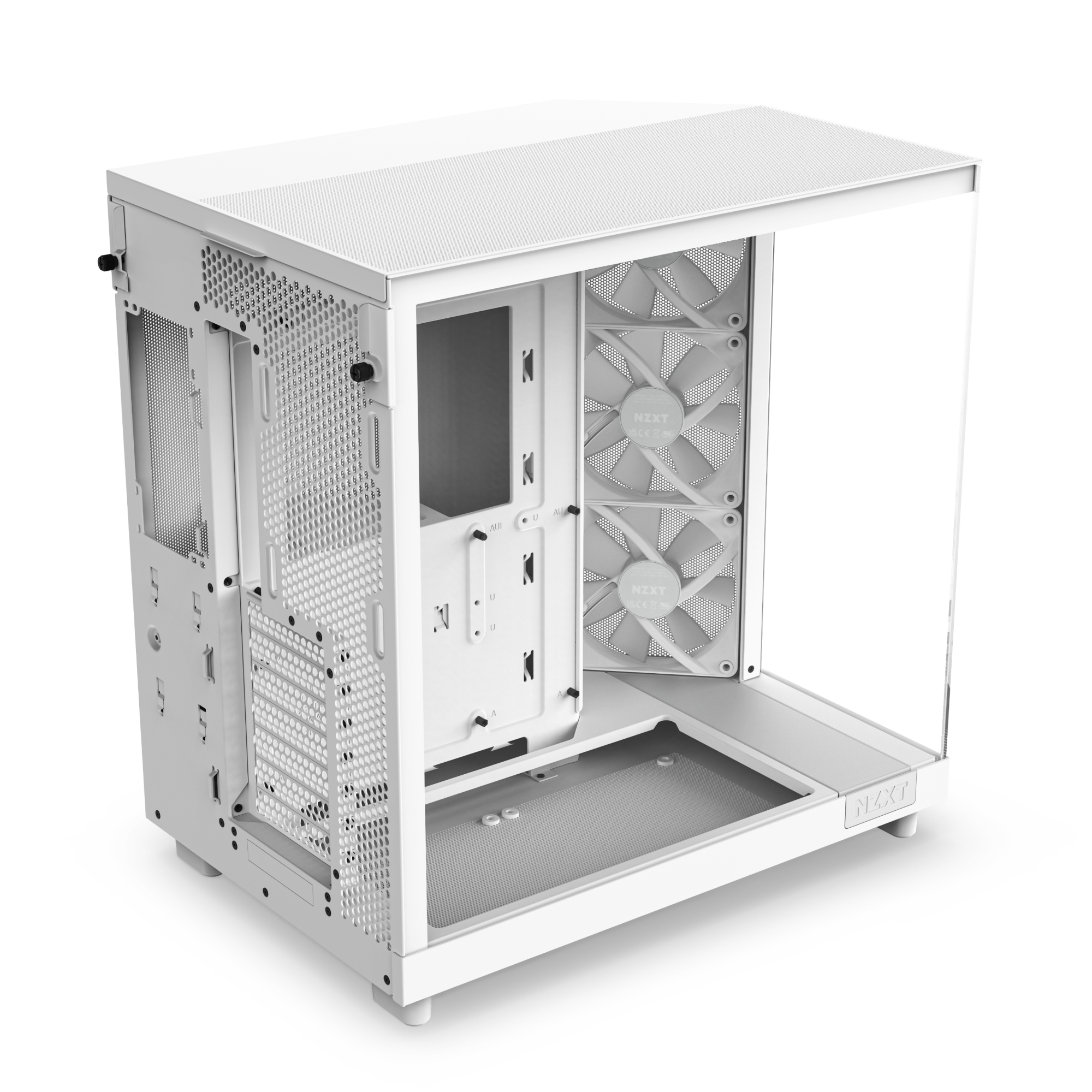 The NZXT H6 Flow RGB is a white computer case with a transparent side panel, two front-mounted fans, open interior, ventilation holes on the back and top, and stylish RGB lighting for a modern look.