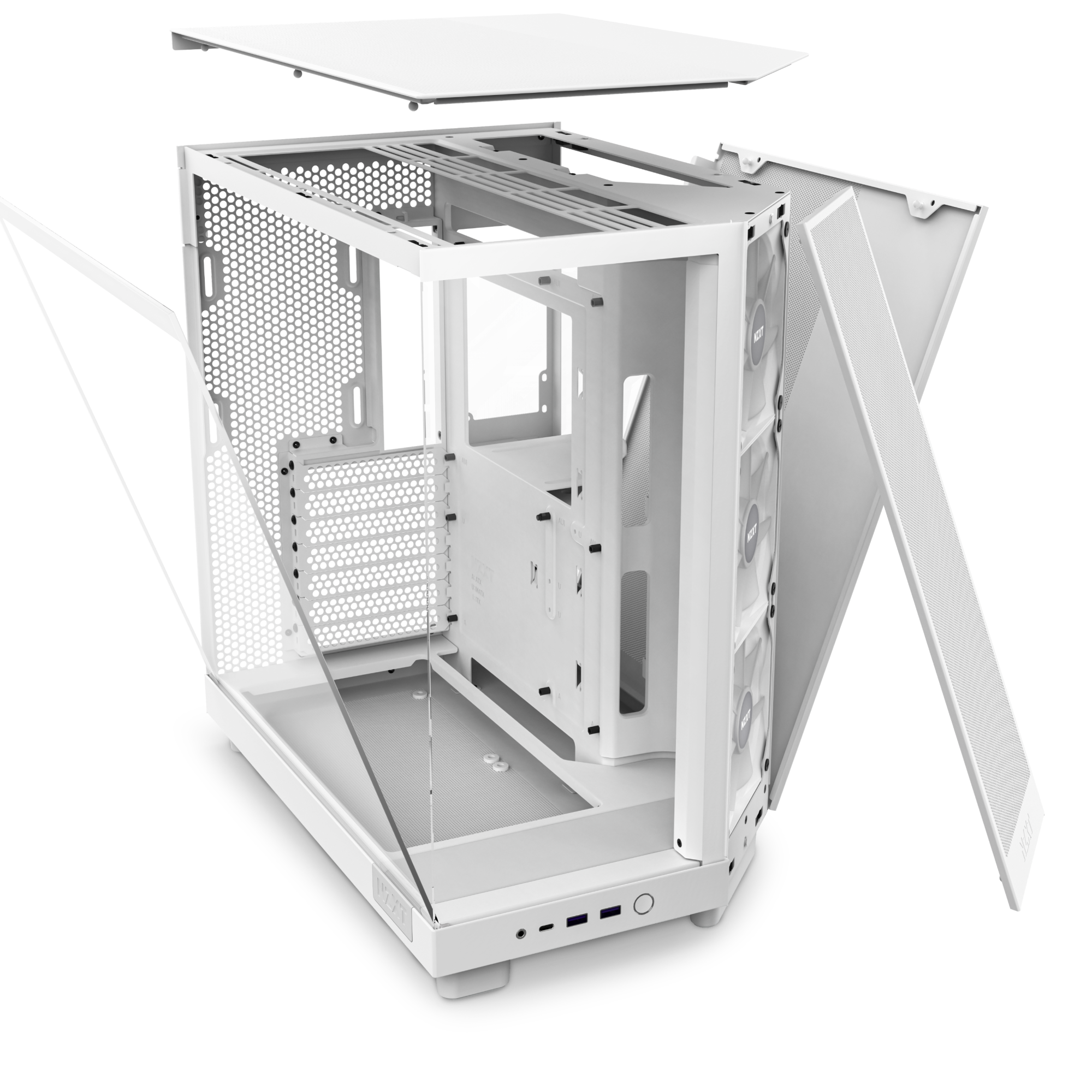 The NZXT H6 Flow RGB is a white case with open panels, revealing an empty dual-chamber interior for improved GPU cooling, front fans, a mesh panel, and bottom-front ports; its angled to showcase multiple sides.