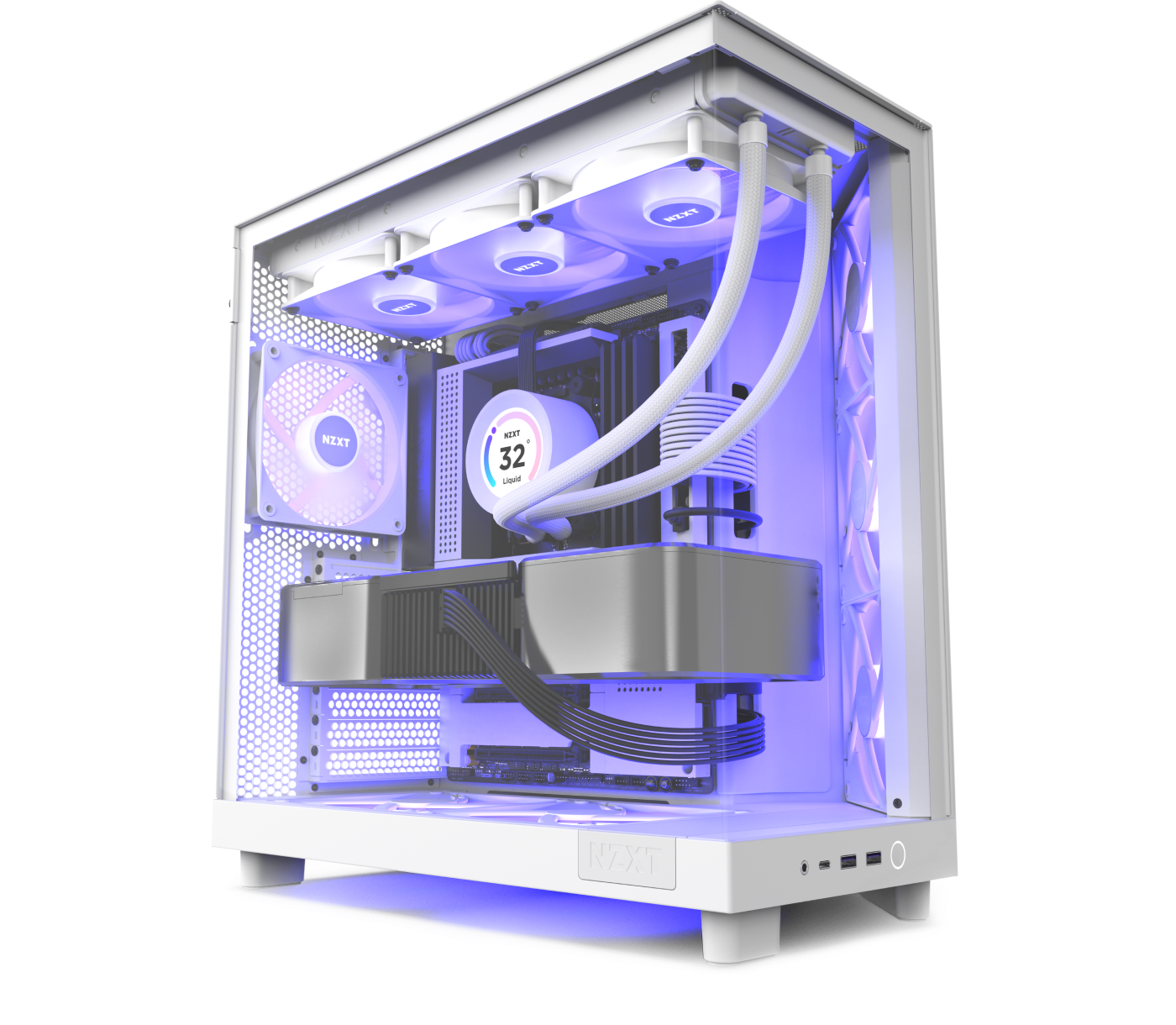 A white gaming PC with blue LED lighting, featuring liquid cooling tubes, multiple cooling fans, a digital display on the CPU cooler, and a transparent side panel showcasing internal components.