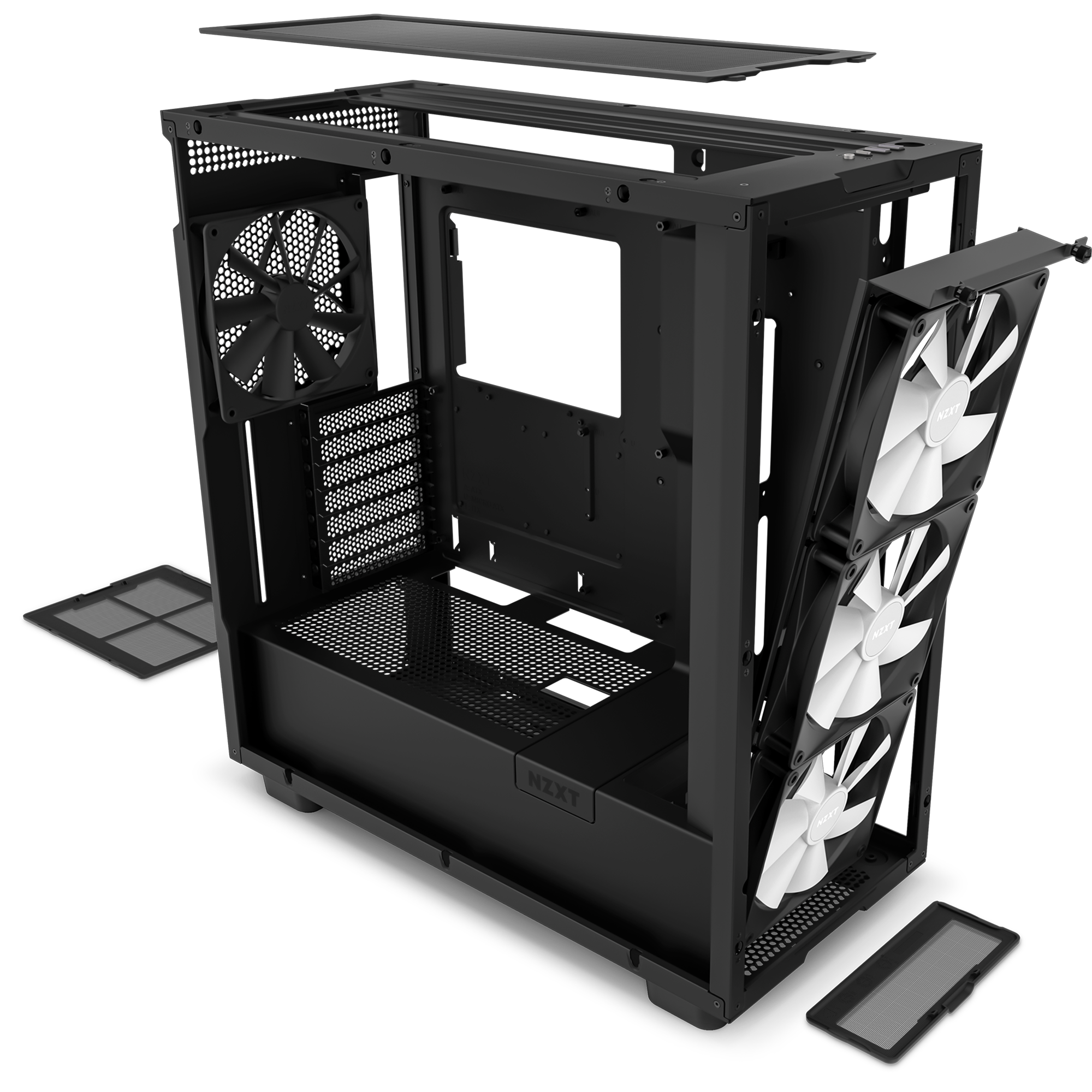 The NZXT H7 Elite is a black computer case featuring three white RGB Core Fans in front, a rear fan, removable mesh dust filters, an intuitive cable management system, and an open side panel displaying component mounts.