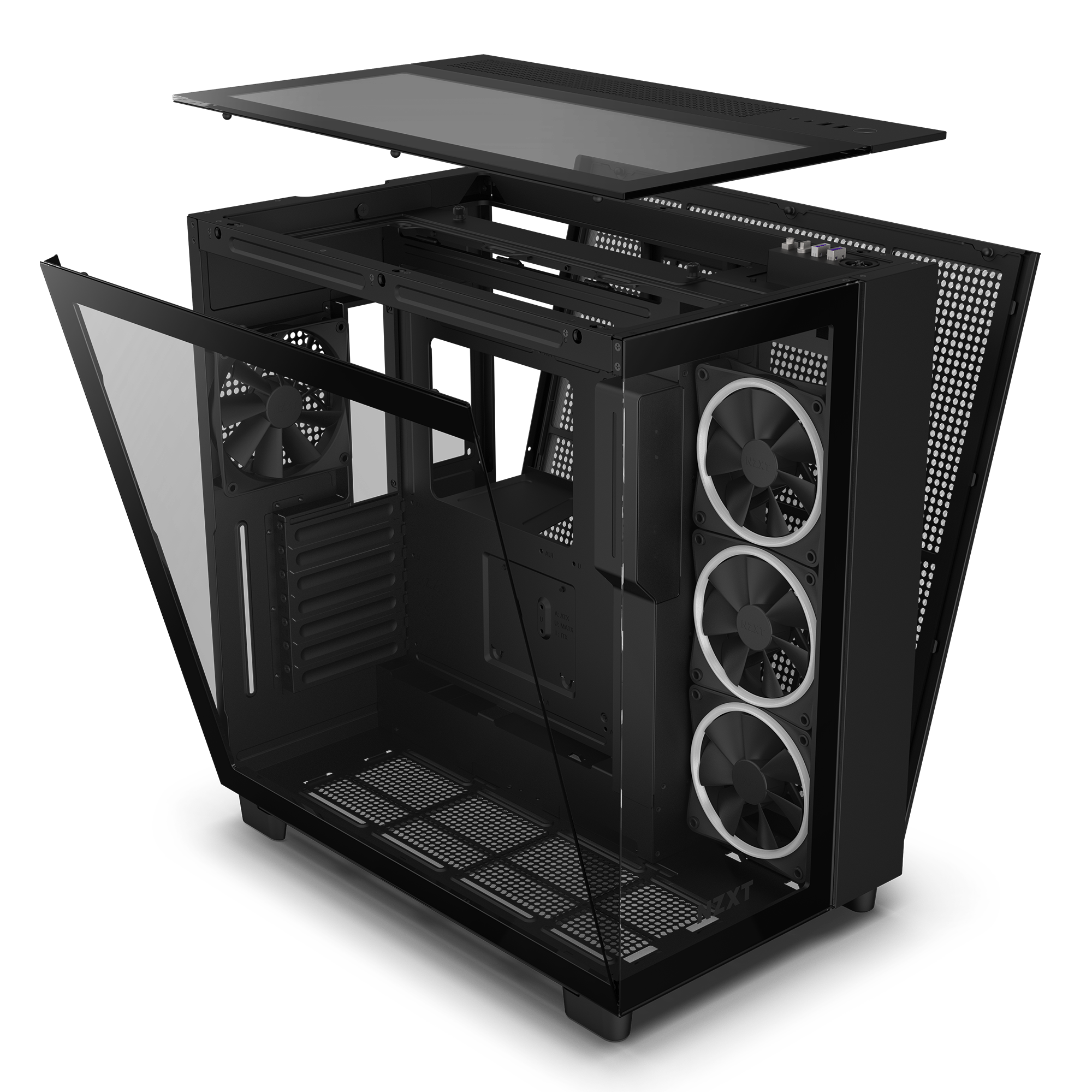 The NZXT H9 Elite computer case in black features side and top tempered glass panels, three front fans, a rear fan, spacious interior, and a dual-chamber design for optimal PC component organization.
