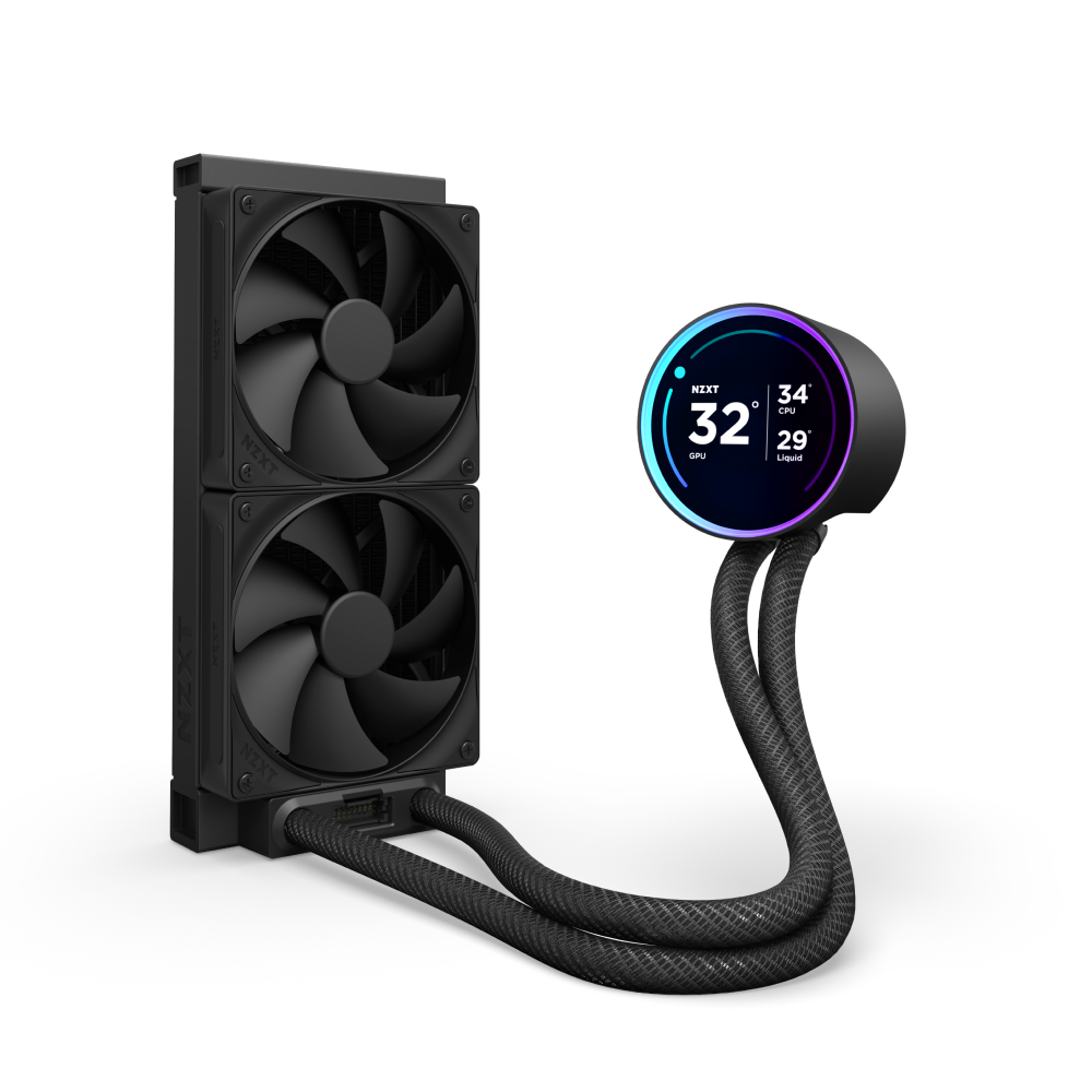 The NZXT Kraken Elite 240 is a black liquid CPU cooler with two large fans, braided tubes, and a circular digital display featuring blue and purple RGB accents that show real-time temperature and system info for a striking look.