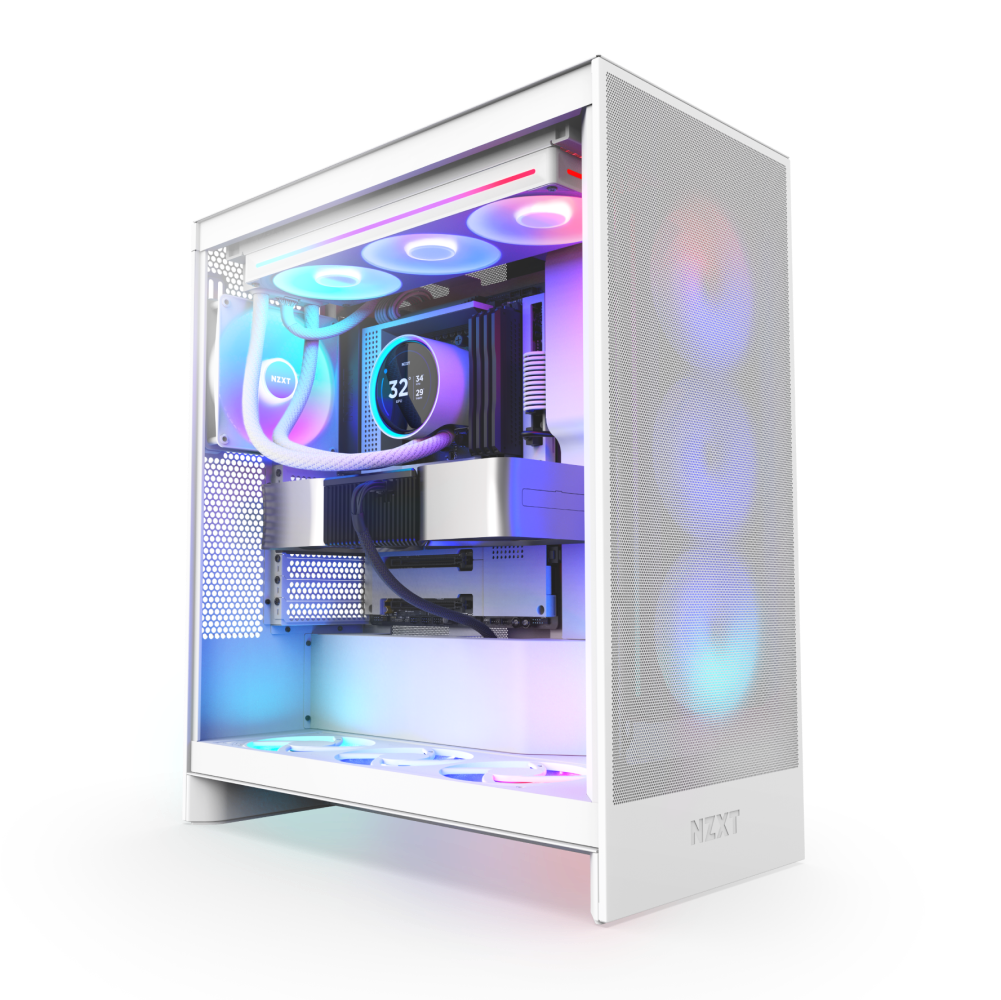 The NZXT Kraken Elite 360 RGB is a white gaming PC case featuring an RGB screen, vivid lighting, visible cooling fans, a Turbine pump liquid cooling system, and a transparent side panel displaying illuminated components.
