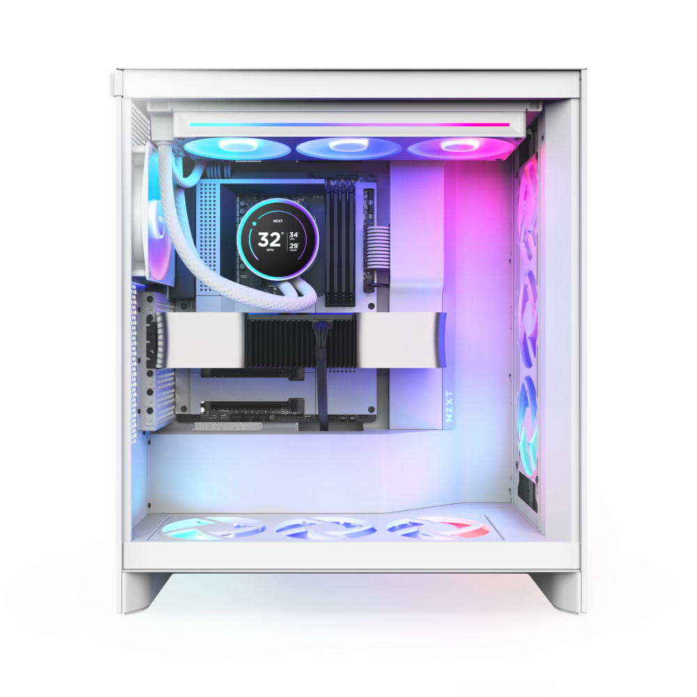 A white gaming PC case features RGB lighting, a digital CPU temperature of 32°C, visible fans, and an NZXT Kraken Elite 360 RGB pump. The interior is neatly managed with white cables and components.