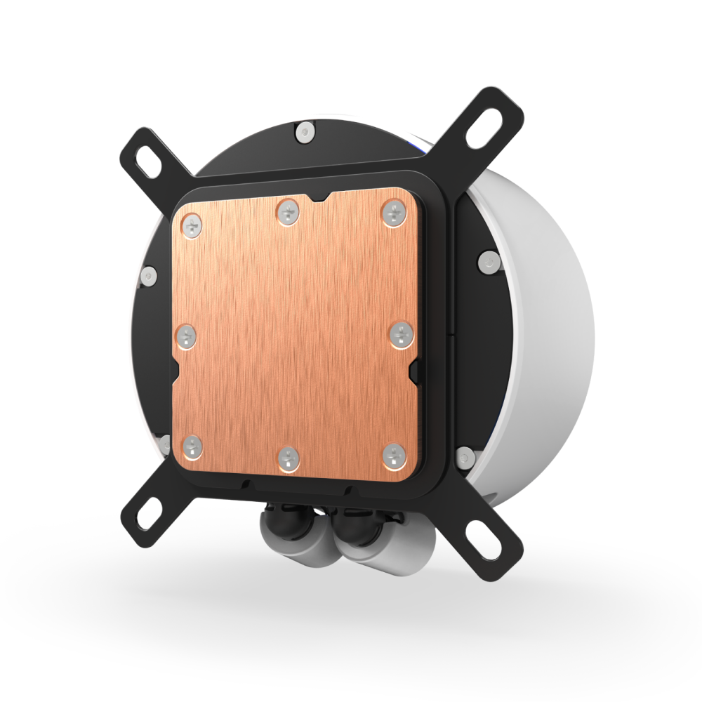 The NZXT Kraken Elite 360 RGB features a round design with a square copper plate secured by eight screws, mounted on a black bracket with four arms. Two cable connectors are visible at the bottom, resembling classic NZXT pump components.