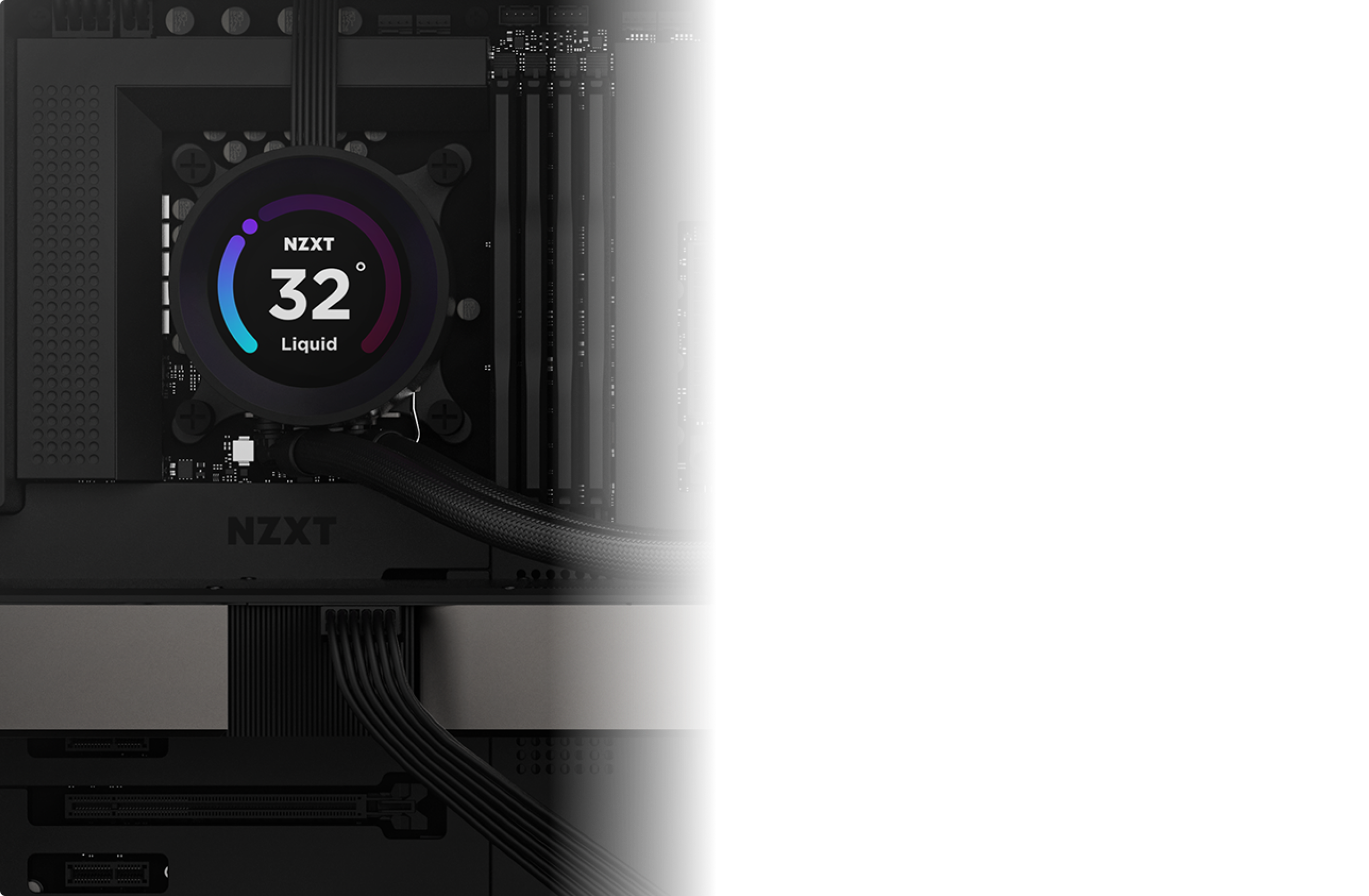 Close-up of a computer motherboard with an NZXT liquid cooling system displaying a temperature of 32°C on a circular digital screen; black cables and RAM slots are also visible.