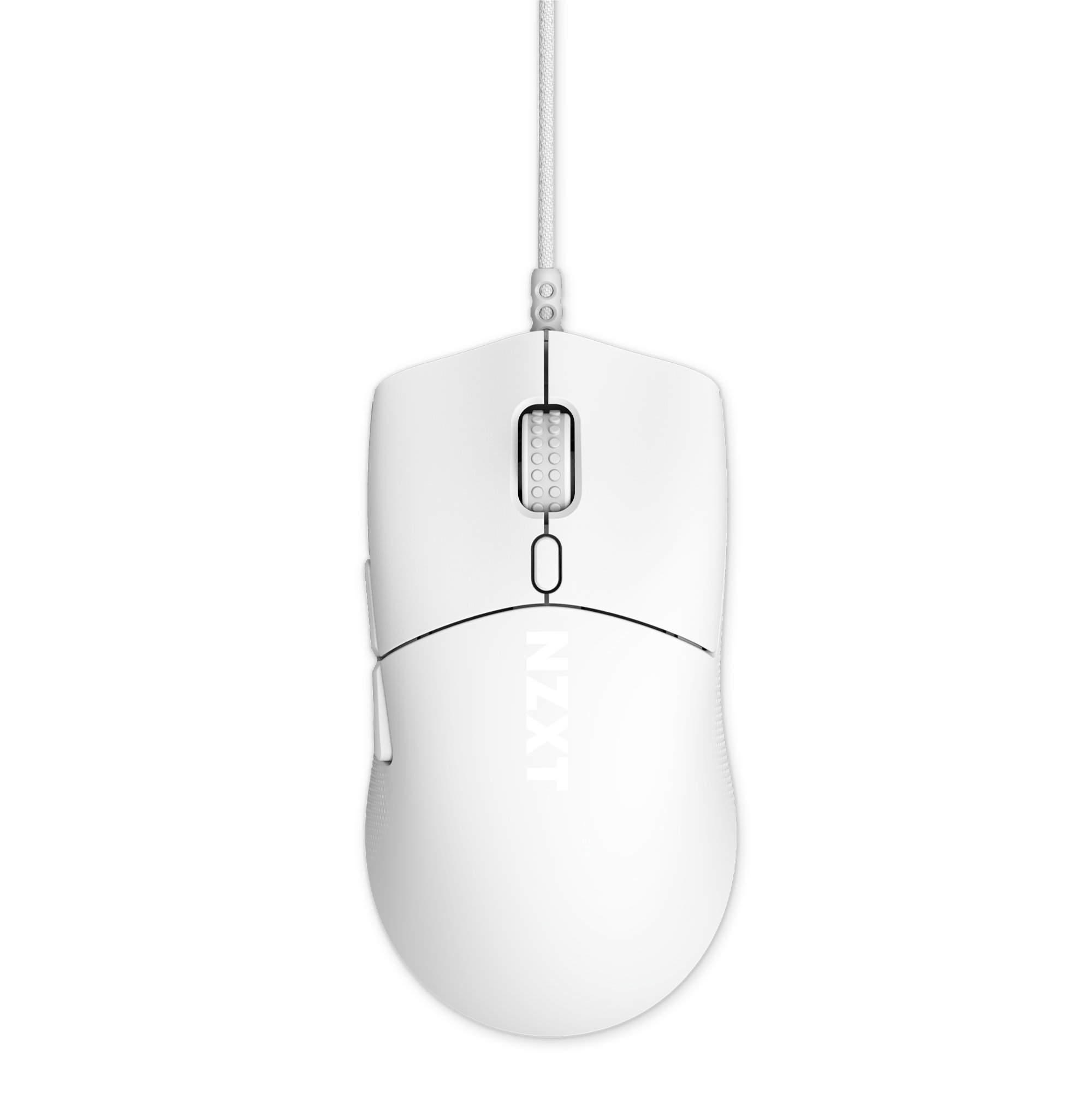 The NZXT Lift 2 Symm wired mouse in white is shown from above against a black background, highlighting the scroll wheel, two side buttons, NZXT logo, and its high-precision 26,000 DPI sensor.