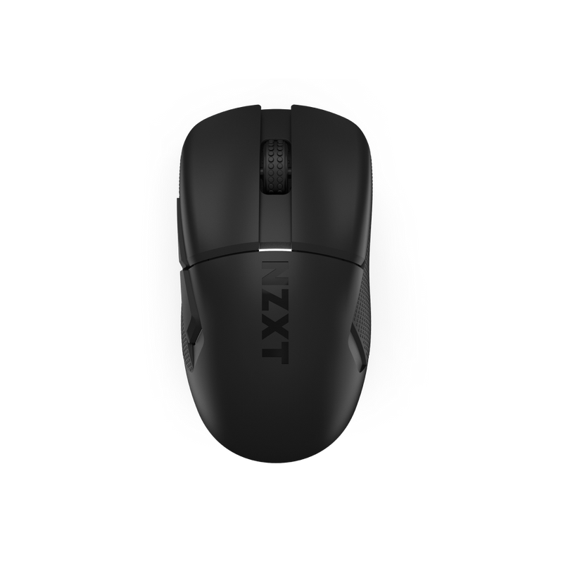 The NZXT Lift Elite Wireless mouse, in black with the NZXT logo on top, features a textured scroll wheel, side grips, an ultra-lightweight build, and a 26K DPI sensor, shown from above on a plain background.