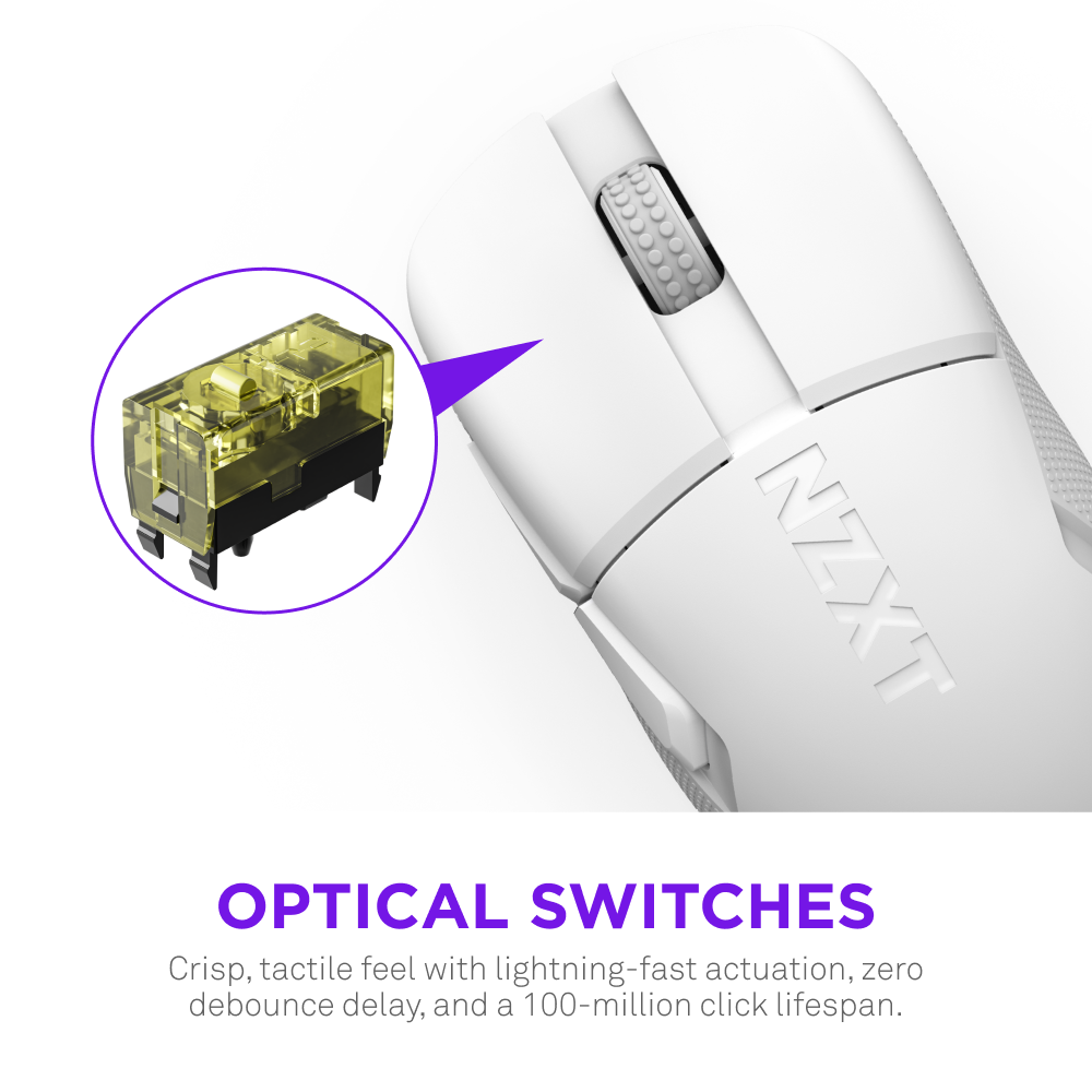 A close-up of the NZXT Lift Elite Wireless gaming mouse showcases its optical switches and ultra-lightweight design, featuring a magnified inset of the switch mechanism with text noting fast actuation and long lifespan.