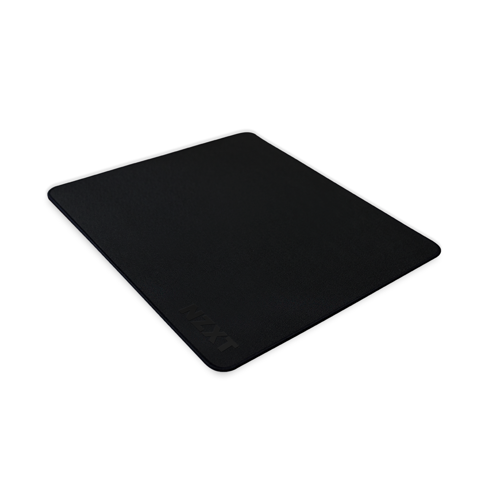 The NZXT MMP400 mousepad, shown at an angle, is black and rectangular with rounded corners. It features a low-friction surface and the NZXT logo embossed in the lower left. The background is solid black.
