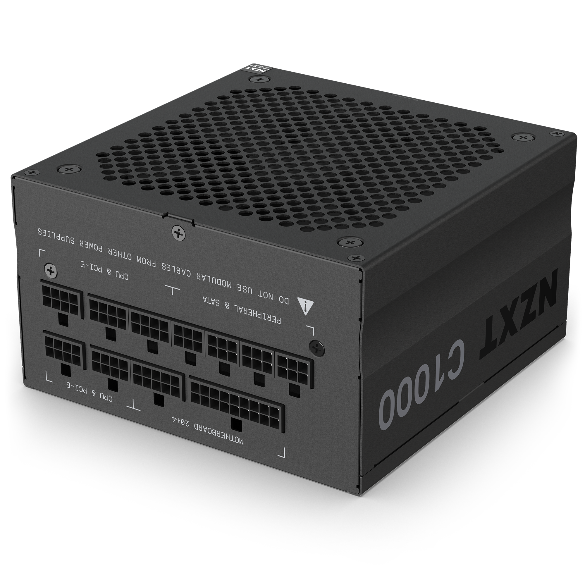 The NZXT C1000 Gold (2022) is a black 1000W power supply with multiple labeled ports, a vented top for cooling, and clear white text—perfect for high-performance gaming PCs or powering an NVIDIA RTX 3090.