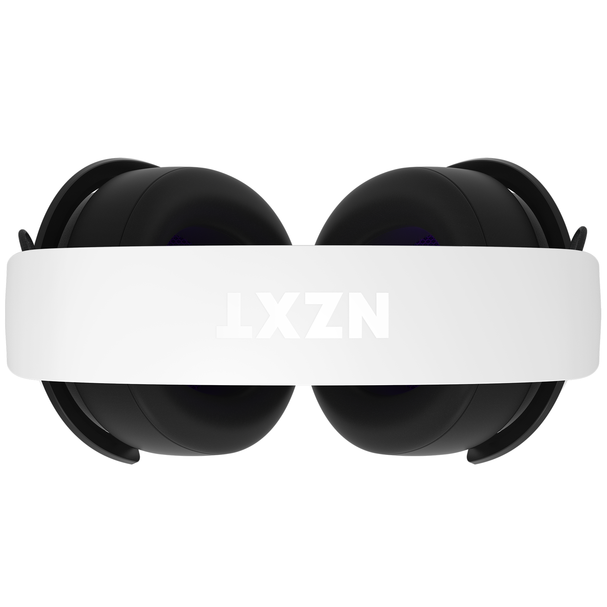 Overhead view of the NZXT Relay Headset: black over-ear headphones with a white headband and bold, mirrored NZXT logo—designed for immersive 3D spatial audio experiences.